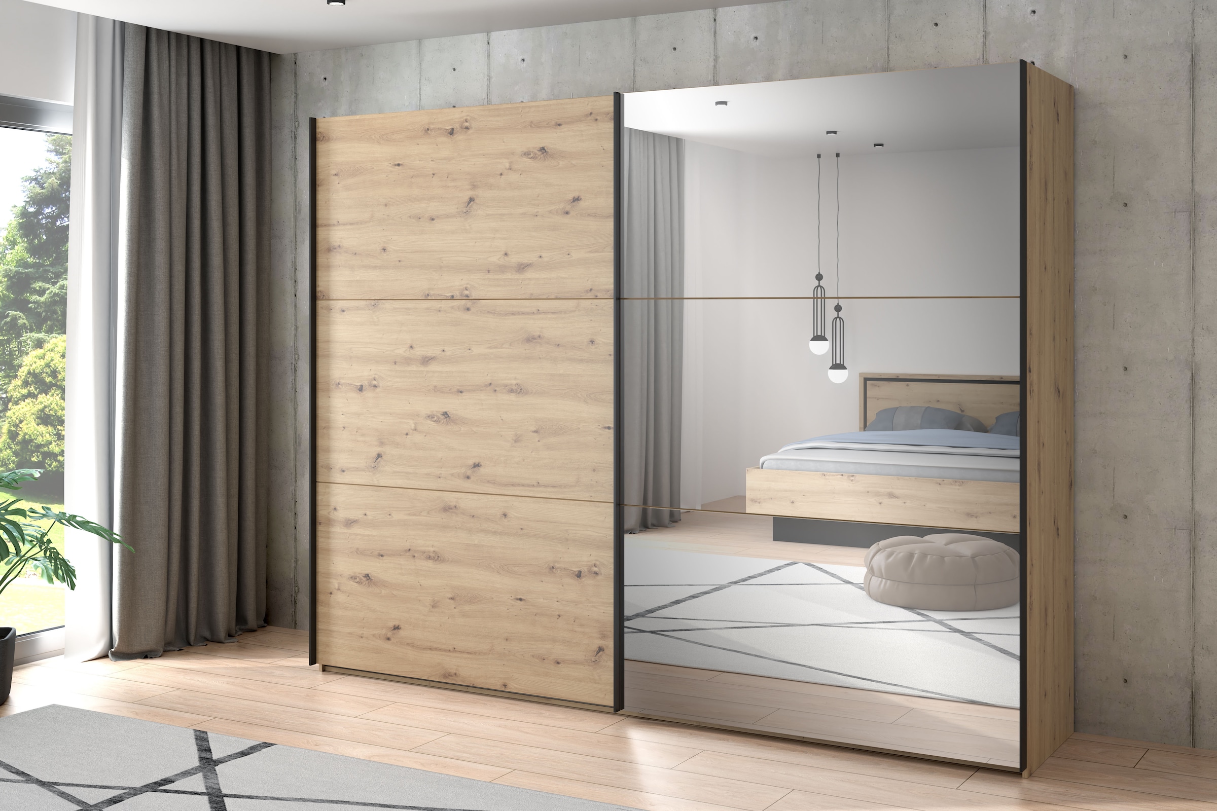 FORTE Schwebetürenschrank »Trondheim, Kleiderschrank mit Spiegel, Industrial Design, 2-Türen« B/H/T ca. 270/210/63cm,  Holzdekor: Artisan Eiche