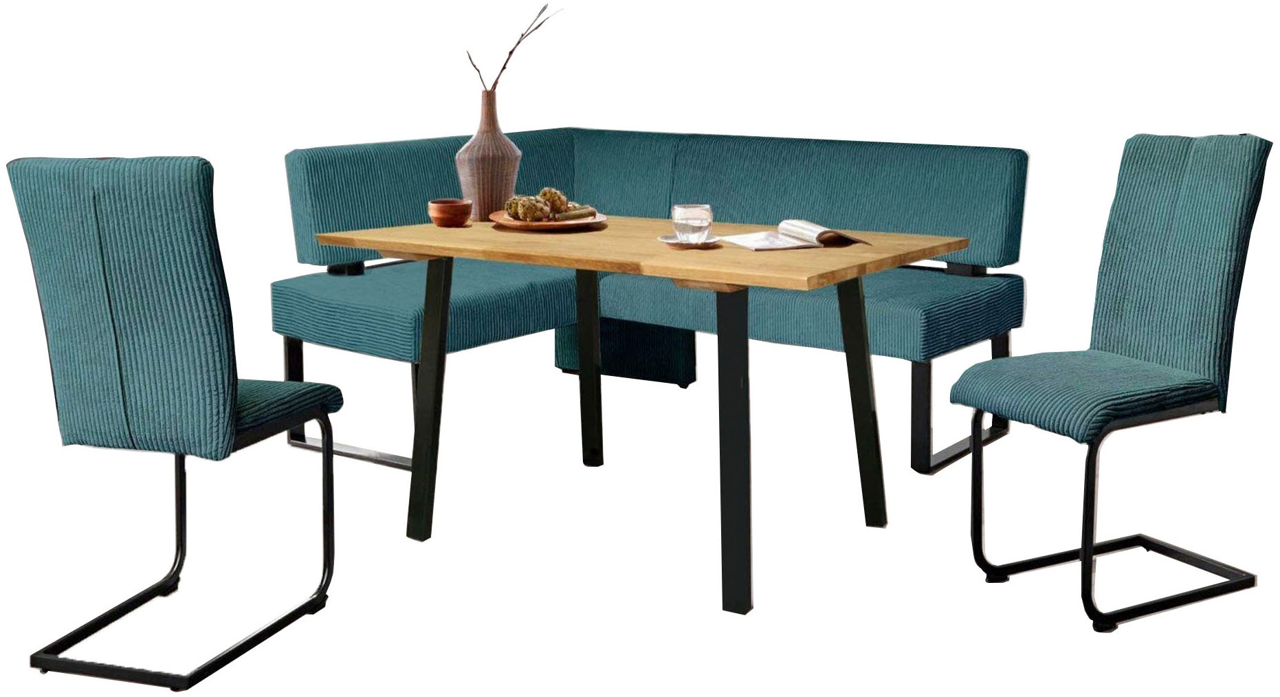 GOODproduct Ensemble de bancs d'angle »Oliver« Ensemble, 4 pièces, 4 cuis tlg. banquette d'angle avec suspension ondulée sous l'assise, table en chêne massif