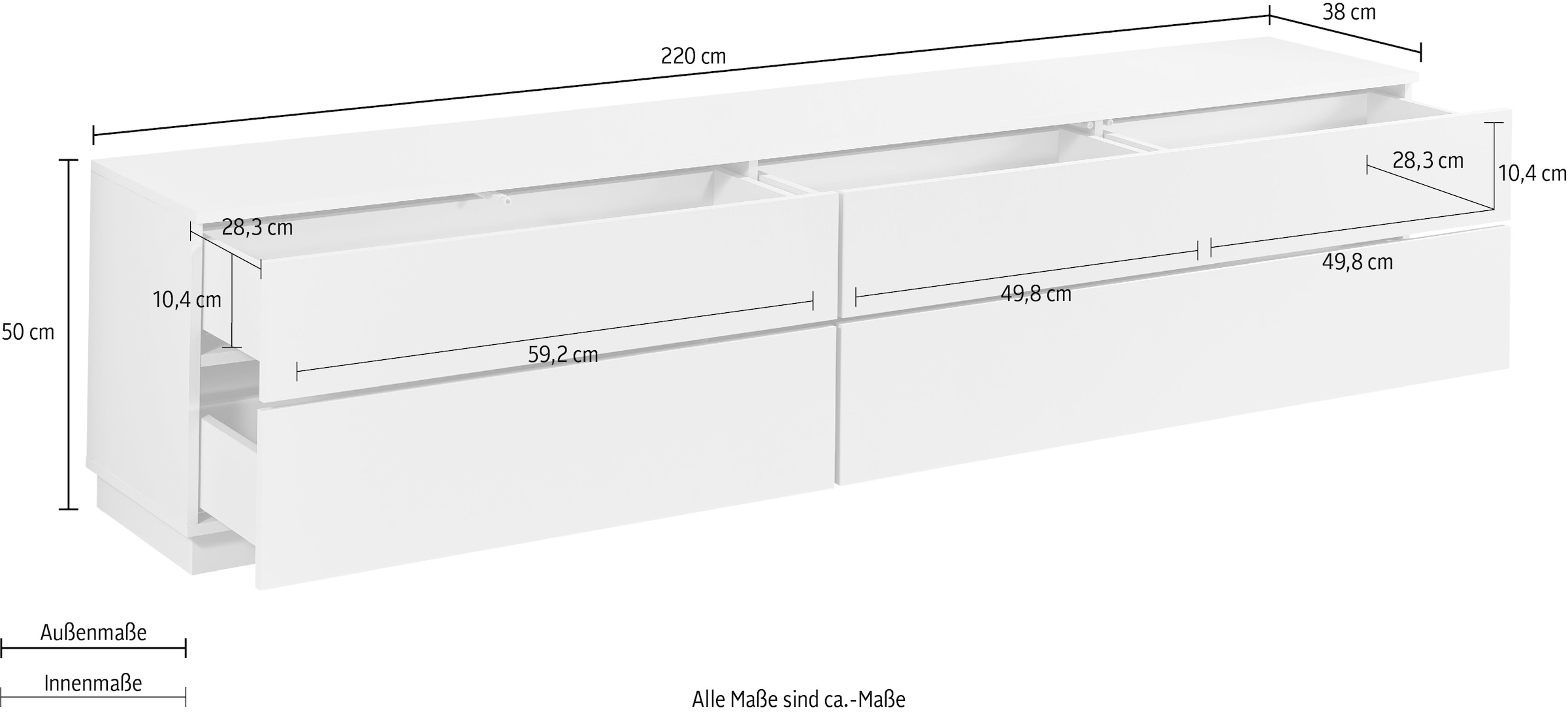 HBZ Table basse »Vince Lowboard, B/H/T 220x50x38 cm« 1 cuis tlg. Breite 220 cm, Push-to Open, Melaminbeschichtung