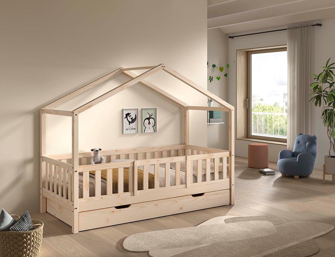 Vipack Hausbett »Dallas, Massivholzbett mit Dachaufbau umbaubar vom Boden- zum Daybett« mit Bettschublade, wahlweise Kiefer massiv natur oder weiss
