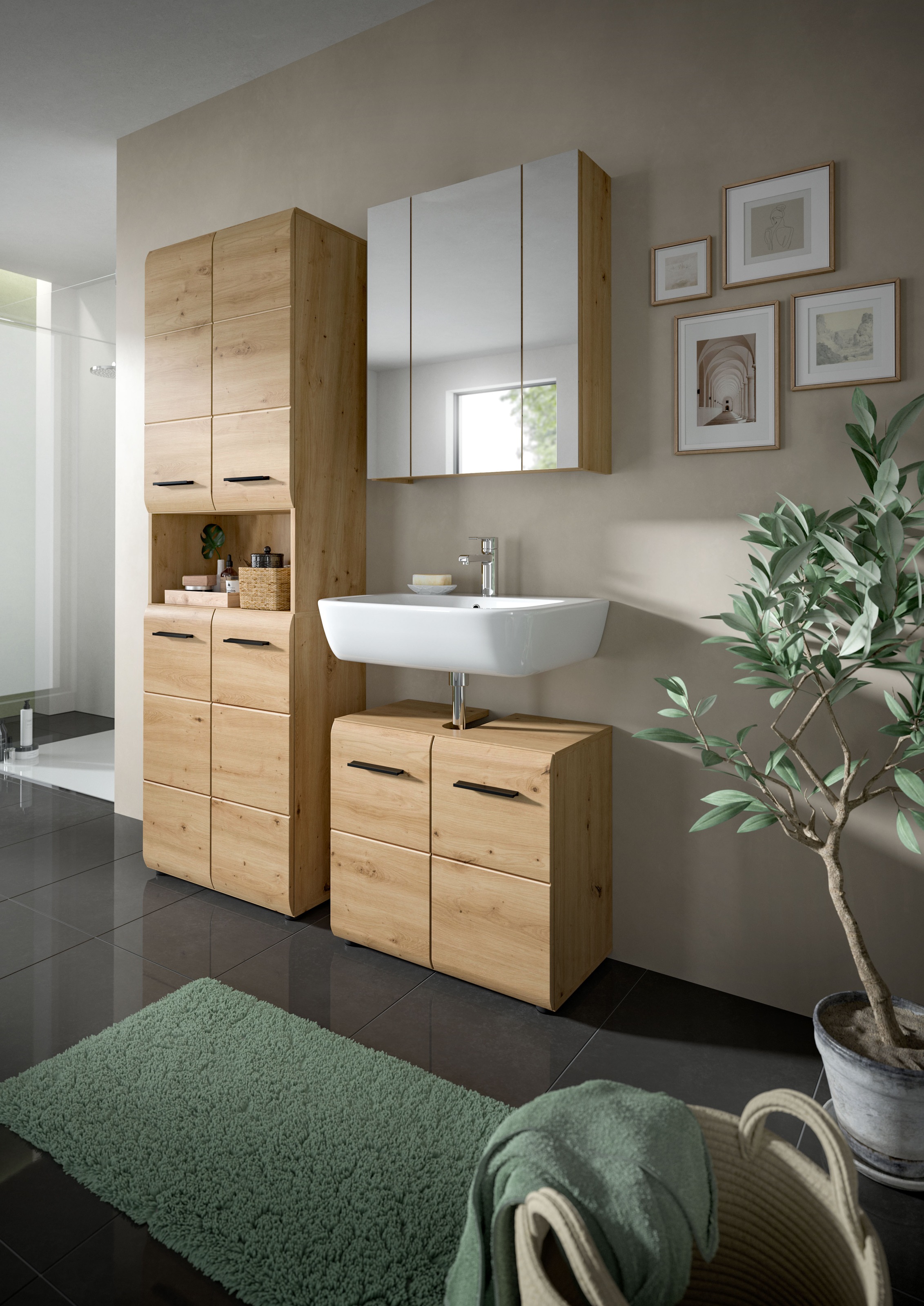 INOSIGN Ensemble de meubles de salle de bain »FLORENZ, TOPSELLER!, 3-teilige Badkombination, hochwertige MDF-Front« Set, best. aus: 1 Hochschrank, 1Waschbeckenunterschrank, 1 Spiegelschrank, 3 cuis tlg.