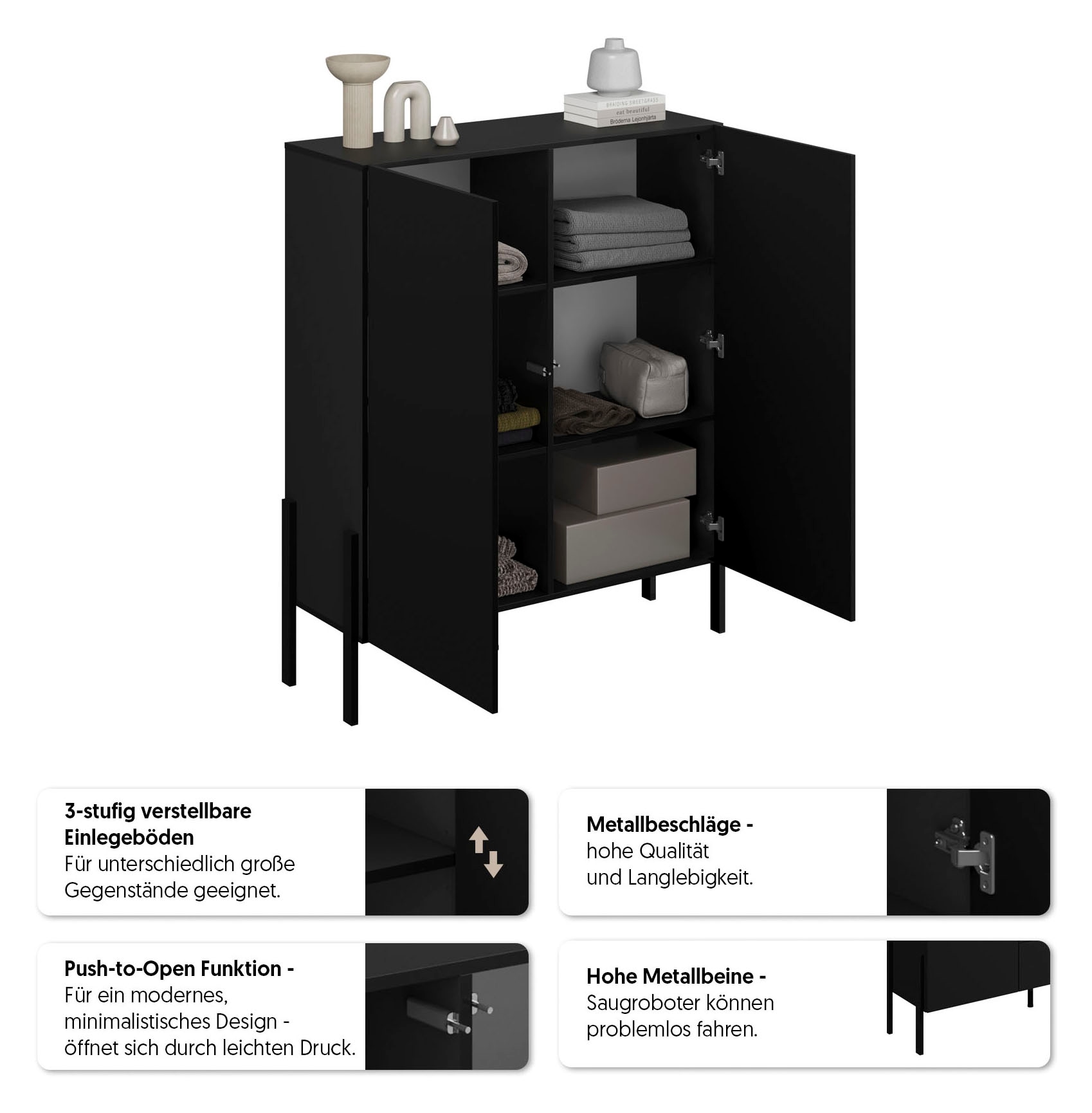 GOODproduct Commode »Jukon, Breite 110 cm, moderne grifflose Hochschrank, 2Türen« Highboard mit viel Stauraum, push-to-open-Funktion
