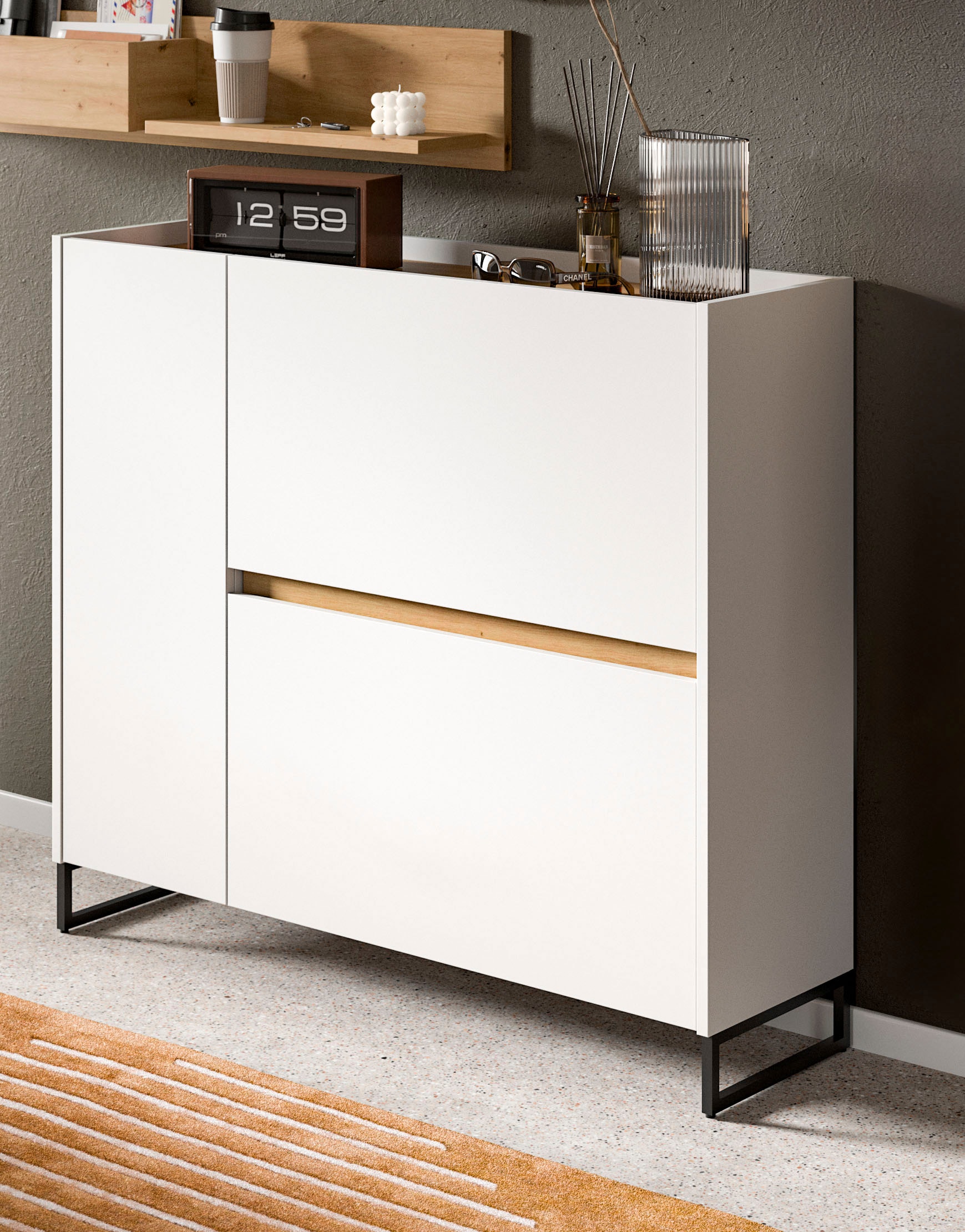 INOSIGN Schuhschrank »EVRID, Breite 110cm, 1 Tür, 2 Schuhwalzen, inkl. Metall-Kufenfüsse« individuell mit anderen Artikel der Serie EVRID erweiterbar, 1 Stk. tlg. Schuhkommode, Kommode, Sideboard, Garderobenschrank, Flurkommode