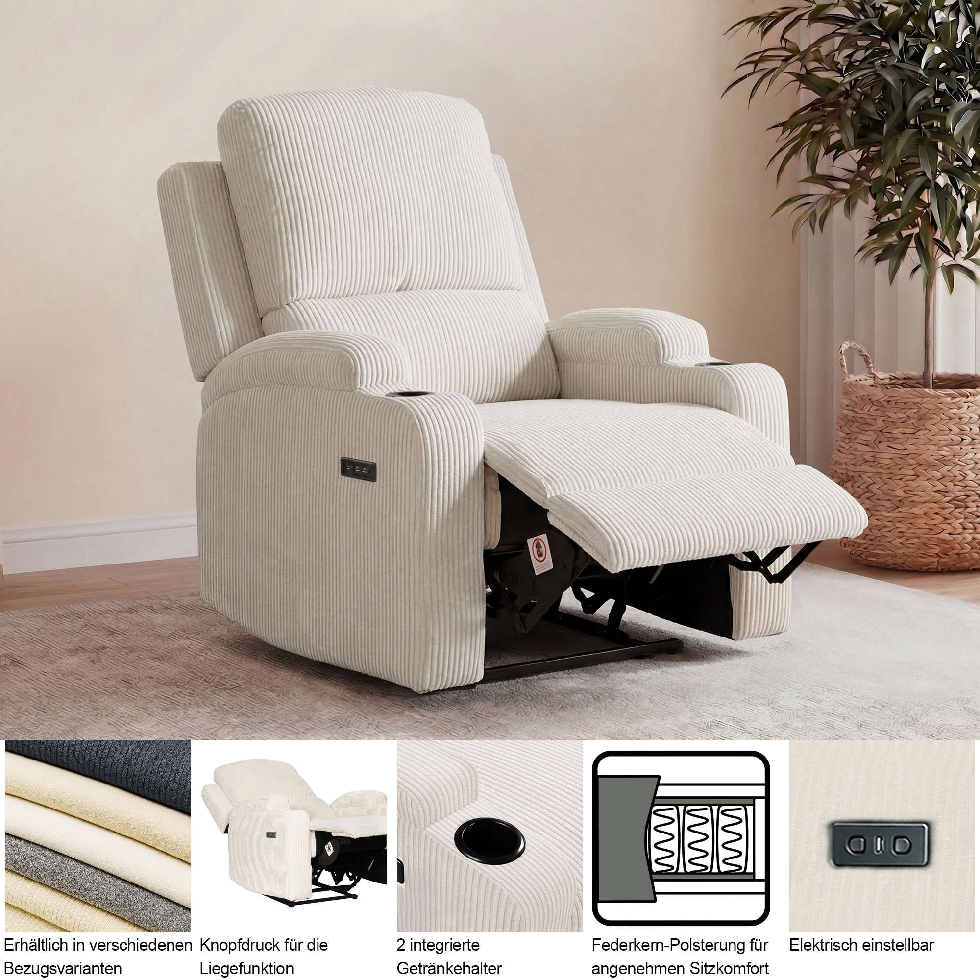 GOODproduct Fauteuil de relaxation »NAPORI Microfaser, Kinosessel, Multimedia-Sessel« Fauteuil TV avec fonction relaxation manuelle et électrique et porte-boisson