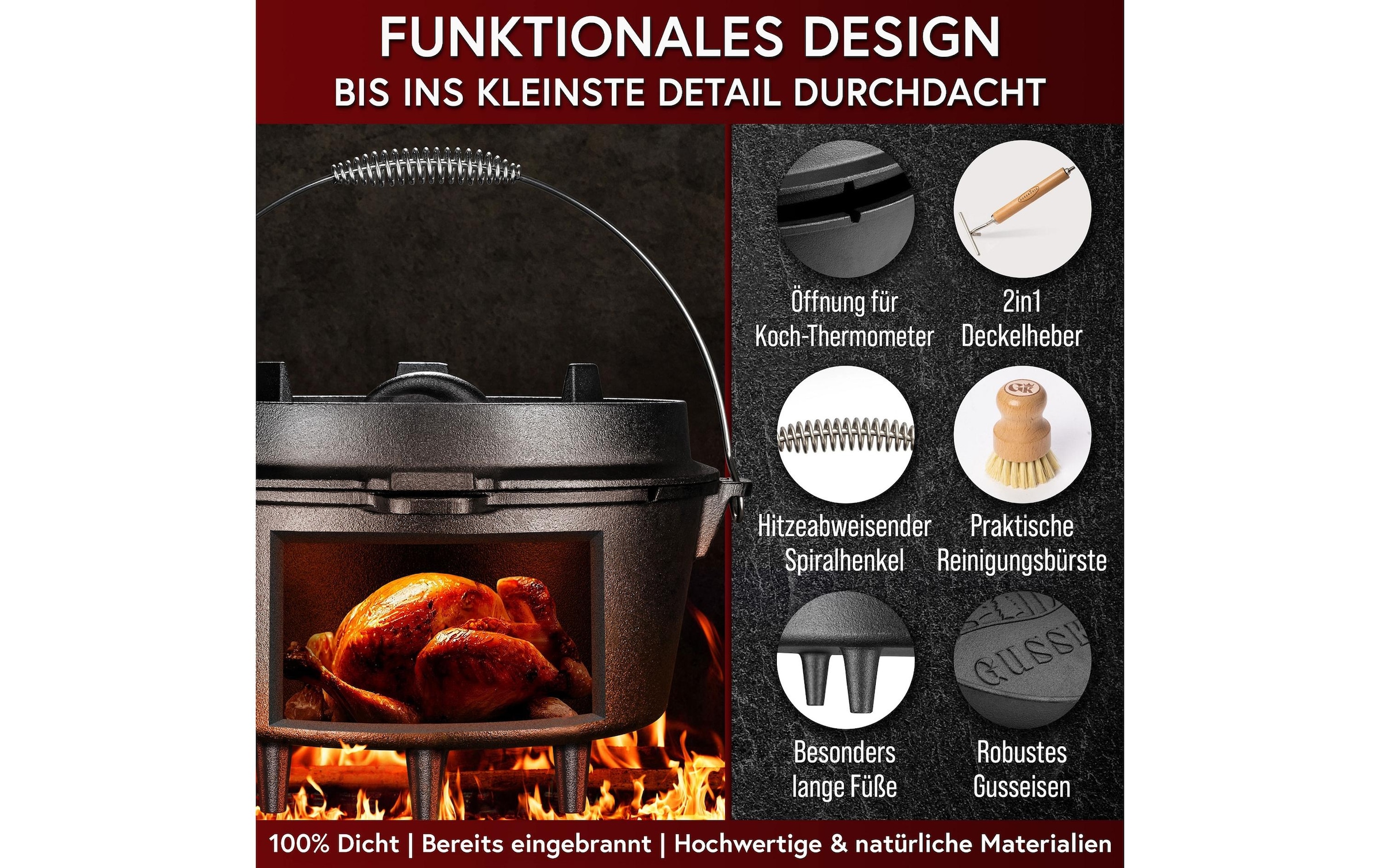   Grilltopf »Gusskoenig Dutch Oven Set 4,5 l mit Deckelheber, Bürste« Gusseisen Set mit 2in1 Deckelheber und Reinigungsbürste