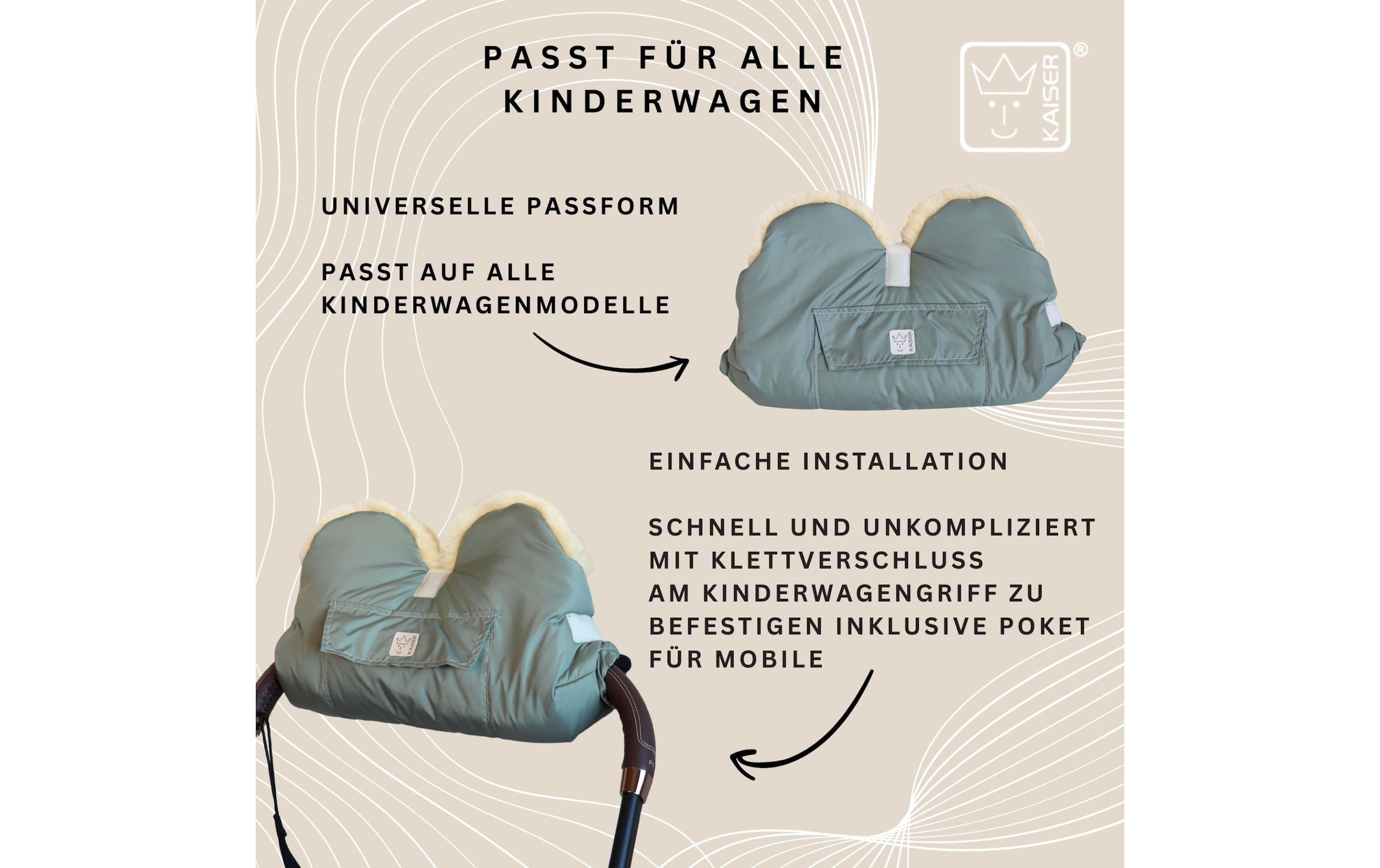 Kaiser Chauffe-mains pour poussette »Lammfell Big Salbei« Handwärmer für den Kinderwagen