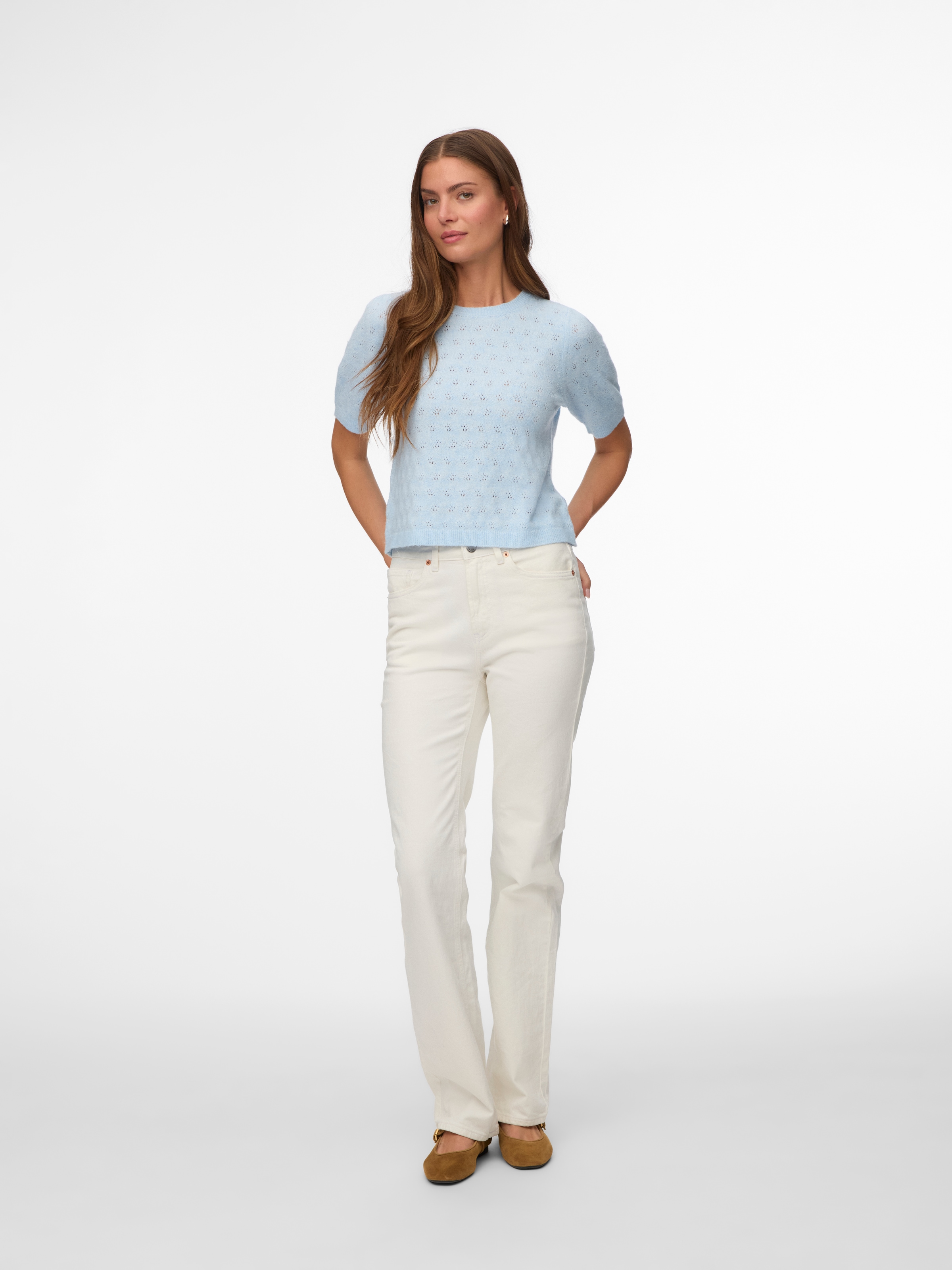 Vero Moda Pull à manches courtes »VMDOFFY STITCH 2/4 O-NECK PULLOVER NOOS« Materialmix, regular fit