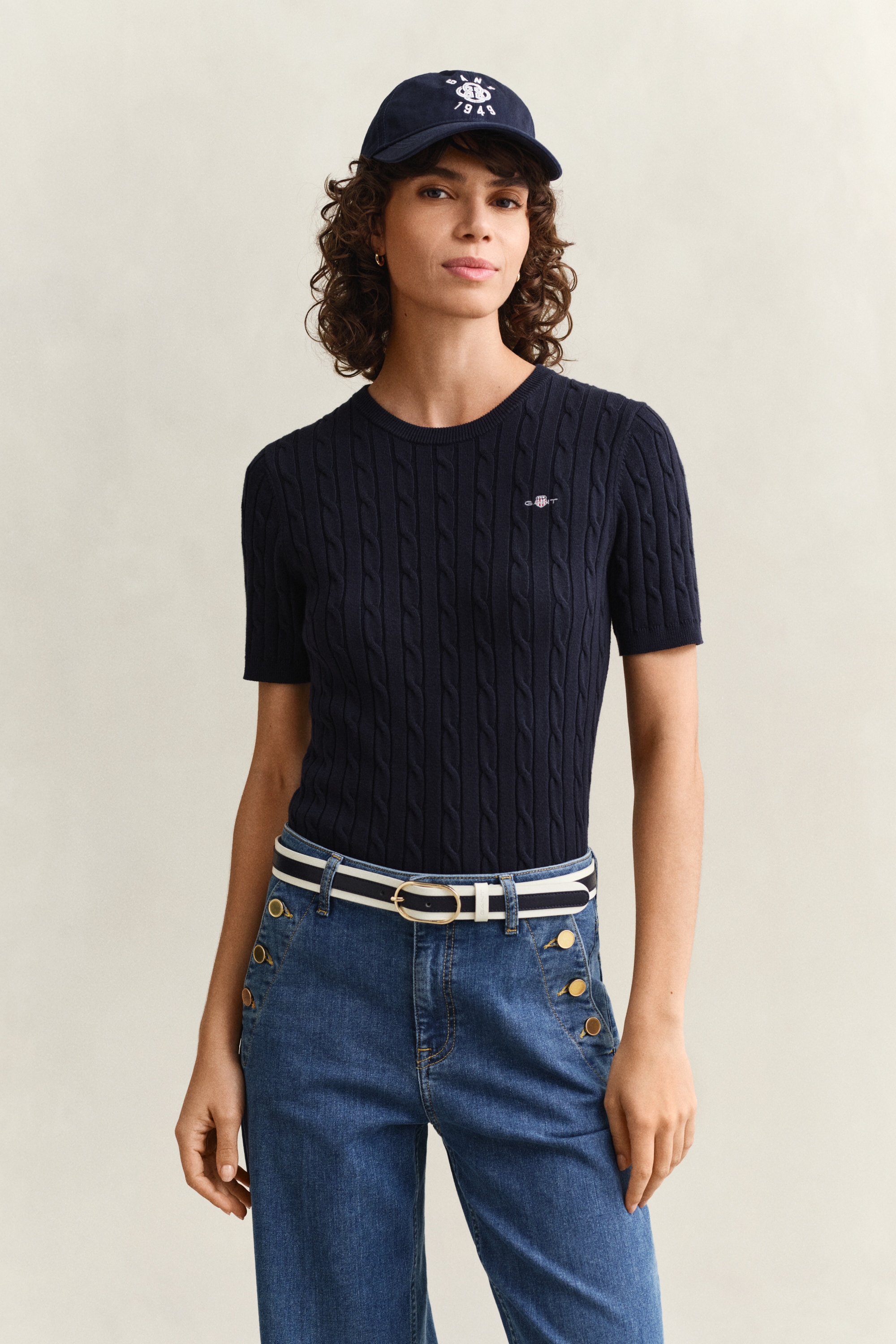 Gant Pull à manches courtes »STRETCH COTTON CABLE« Coupe slim avec encolure ronde