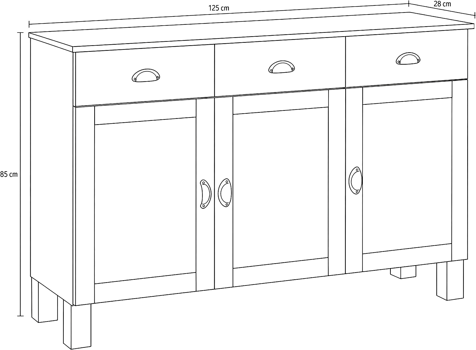 Home affaire Armoire basse »Oslo« 125 cm de large, 38 cm de profondeur, en buffet, 3 portes, 2 tiroirs