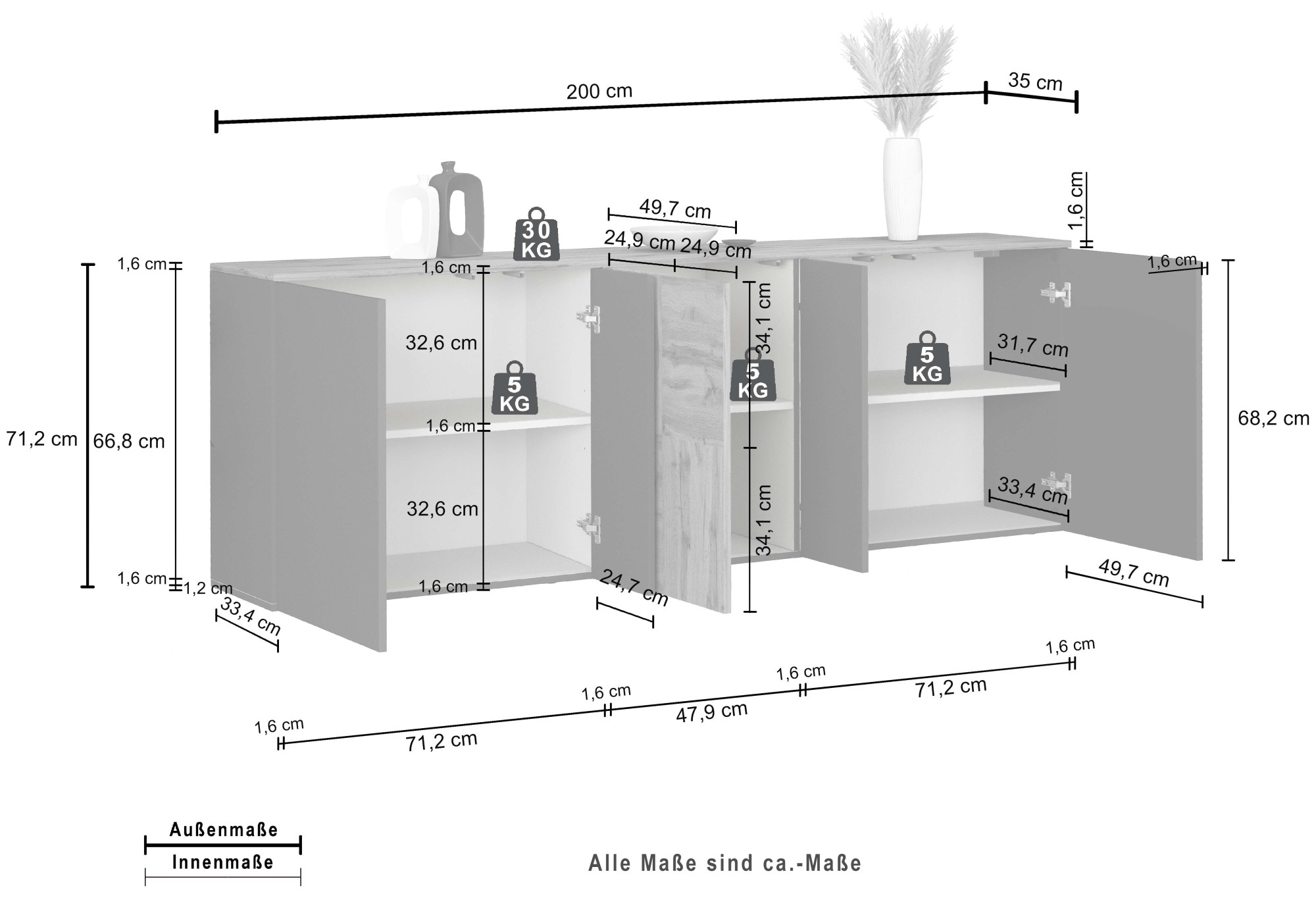 GOODproduct Sideboard »ISEO, Kommode, Schrank, Sideboard, Lowboard, 6 Fächer, Breite 200 cm« 1 cuis tlg. stehend/hängend, 5 Türen, 6 Fächer, Breite 200 cm