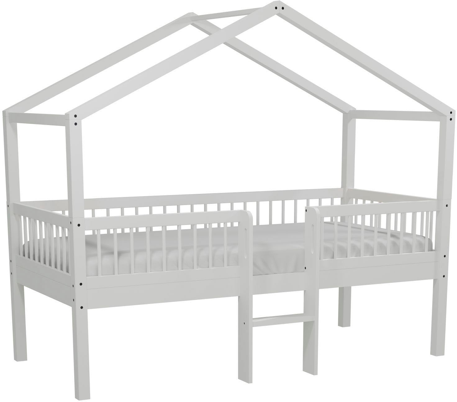 Vipack Hausbett »Forrest ist ein hochwertiges Massivholz Haus Bett "Made in Europe"« inkl. Rolllattenrost, Dachaufbau, Absturzschutz und Leiter,  wahlweise aus massiver Eiche geölt oder Buche massiv weiss lackiert