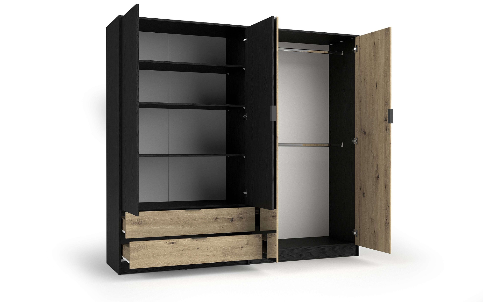 Home affaire Kleiderschrank »PERY mit Spiegel, 2 Schubladen, 4 Fächer und 2 Kleiderstangen« Garderobe mit 4 Türen und schwarzen Griffen, Masse B/T/H: 220/54/203cm