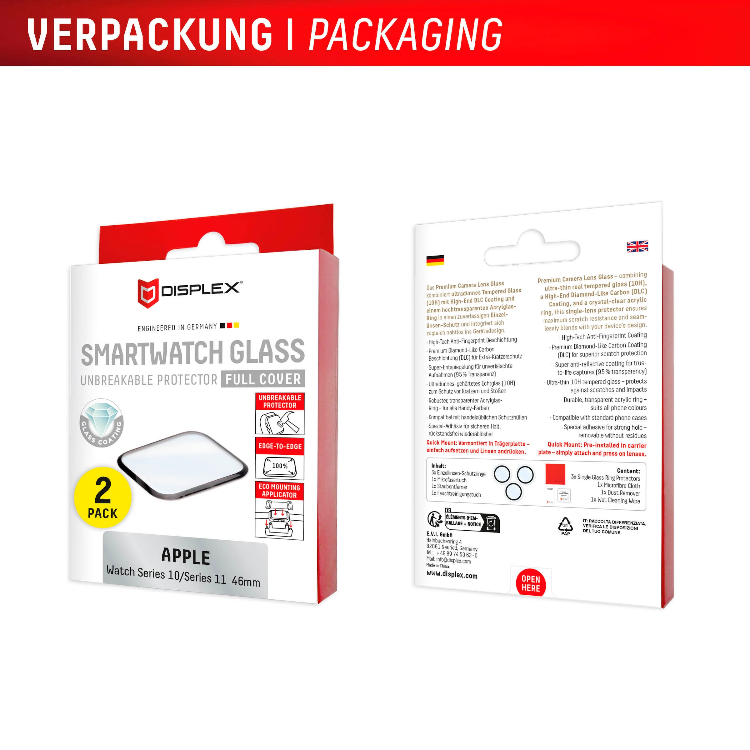 Displex Verre de protection d'écran »Smartwatch Glass Unbreakable Protector Full Cover« für Apple Watch Series 10 46 mm;Apple Watch Series 11 46 mm Packung, 2x Acrylglas Protector,  Displayschutzfolie, Schutzfolie, Bildschirmschutz, kratz- & stossfest
