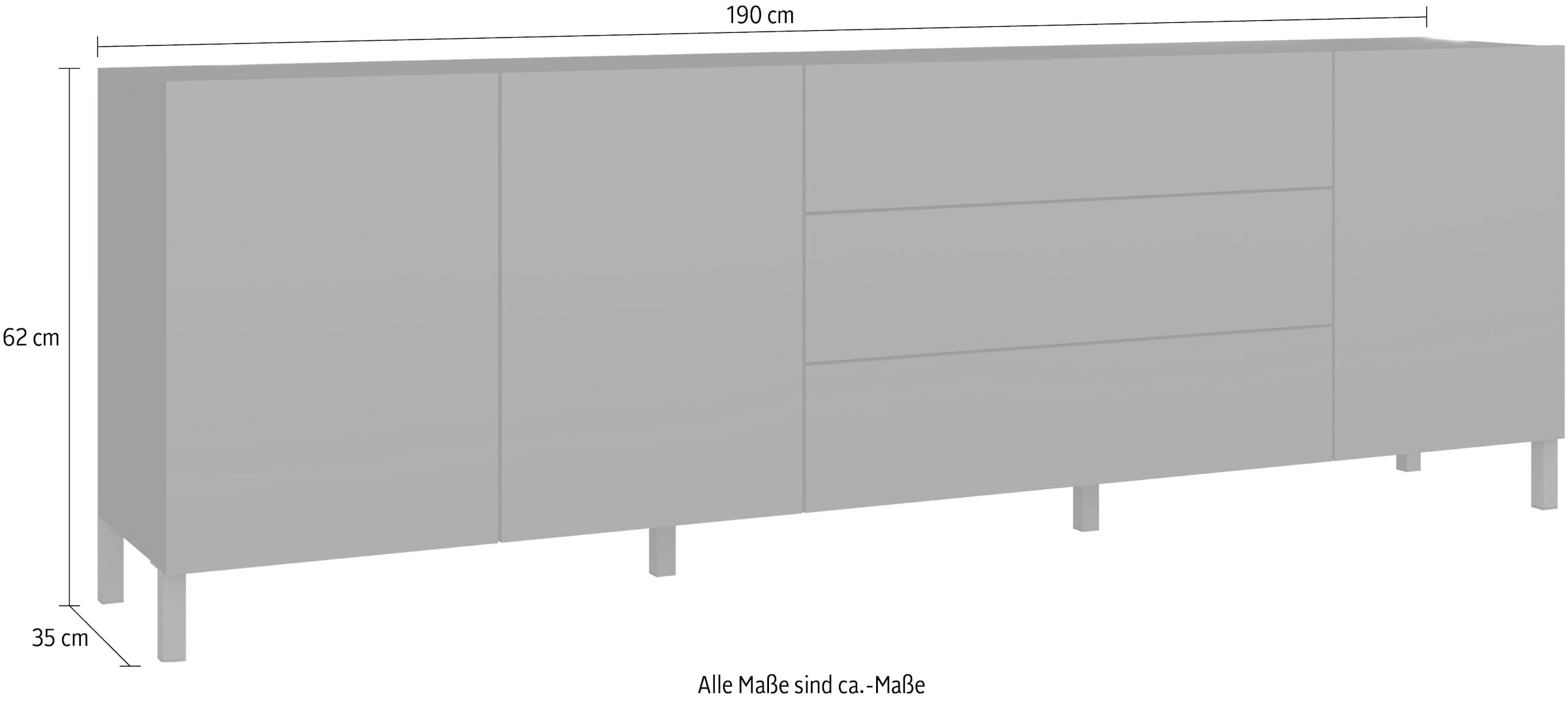 borchardt Möbel Buffet »Sophia, Grifflos mit schwarzen Metallfüssen« 152 oder 190cm, viel Stauraum, grifflos, praktisch, mehrere Grössen