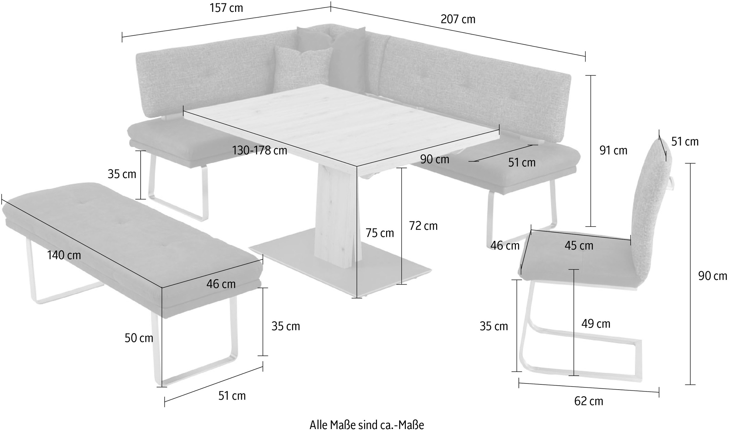 K+W Komfort & Wohnen Eckbankgruppe »Giacomo II« 4 Stk. tlg. wahlweise rechts oder links, langer Schenkel 207cm, 1 Freischwinger