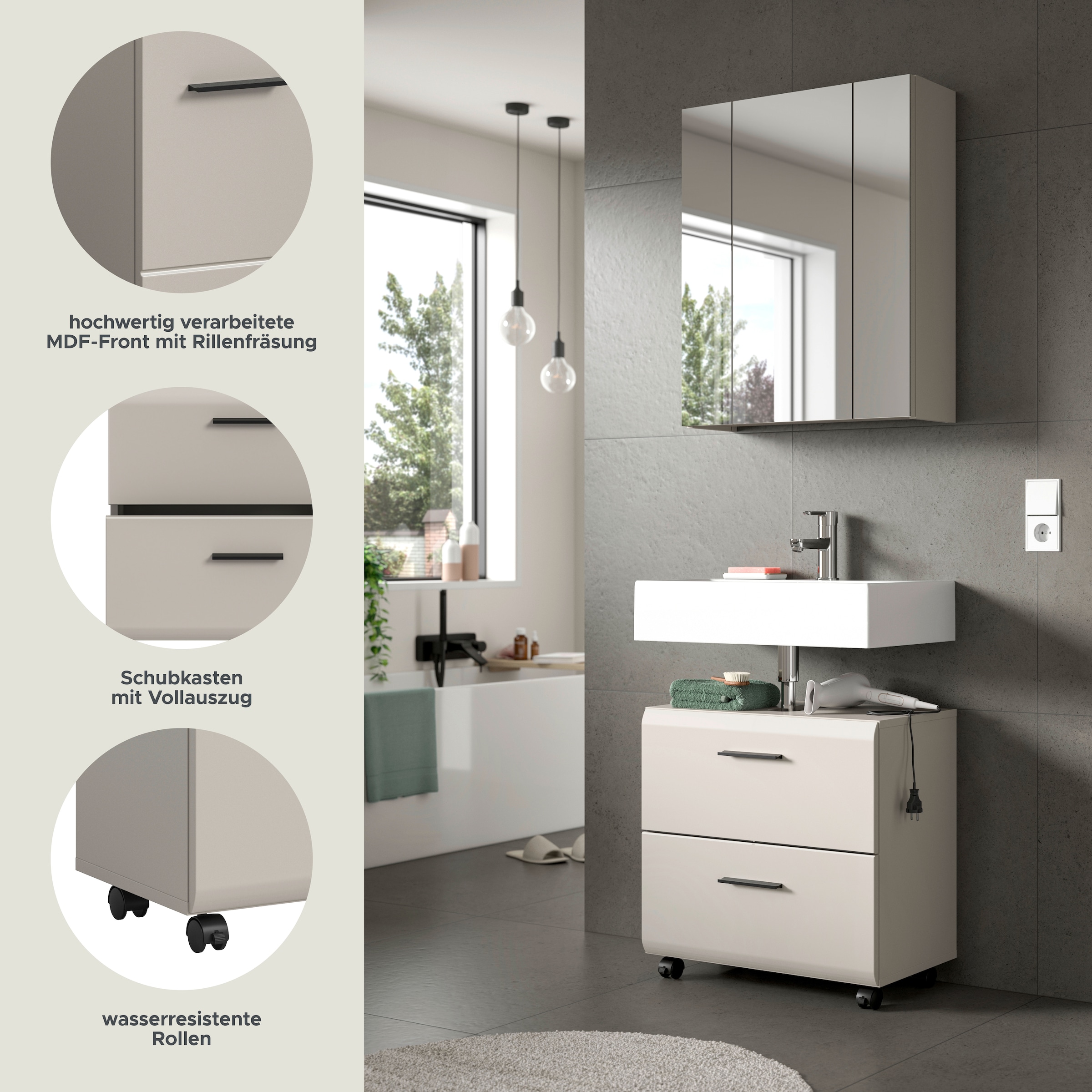 welltime Badmöbel-Set »FLORENZ, 2-tlg. Bad-Kombination, hochwertige MDF-Front« best. aus: 1 Spiegelschrank, 1 Waschbeckenunterschrank, 3 Stk. tlg.