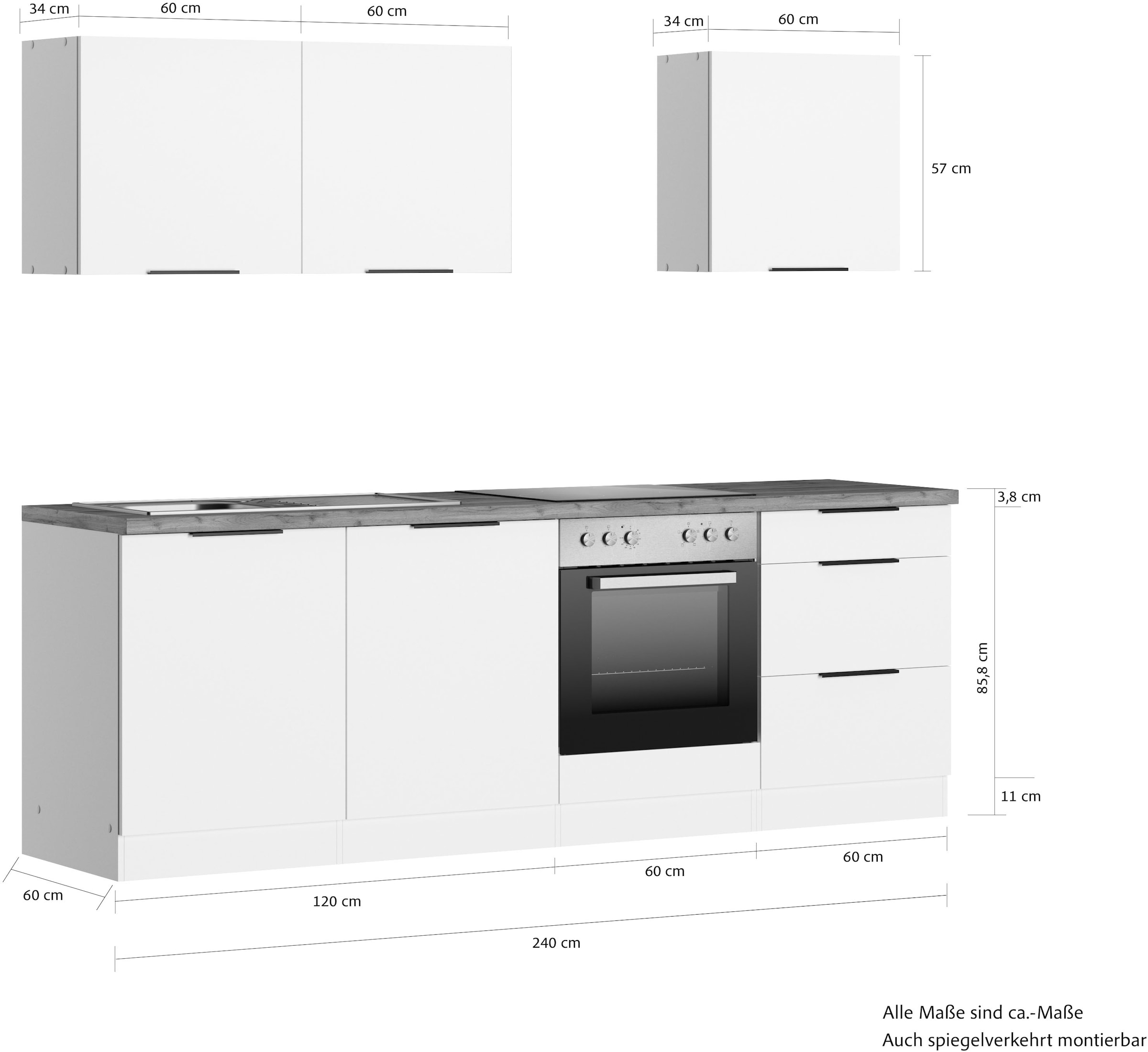 KOCHSTATION Kitchenette »KS-Lagos2, Breite 240 cm« au choix avec appareils électriques, avec plan de travail épais de 38mm