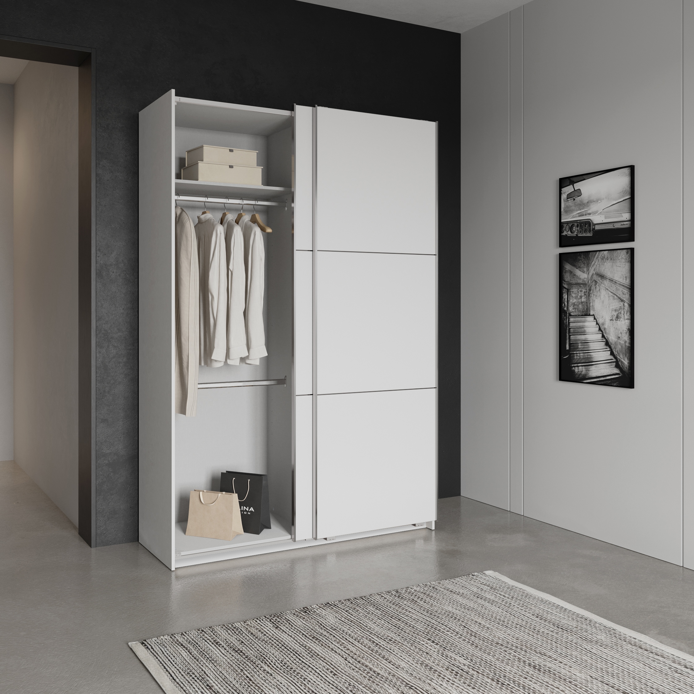 Demeyere GROUP Armoire à portes coulissantes »Alhambra« L/H/P env. 148/224/60 cm,  beaucoup d’espace de rangement, 2 tringles à vêtements en acier, nombreuses surfaces de rangement
