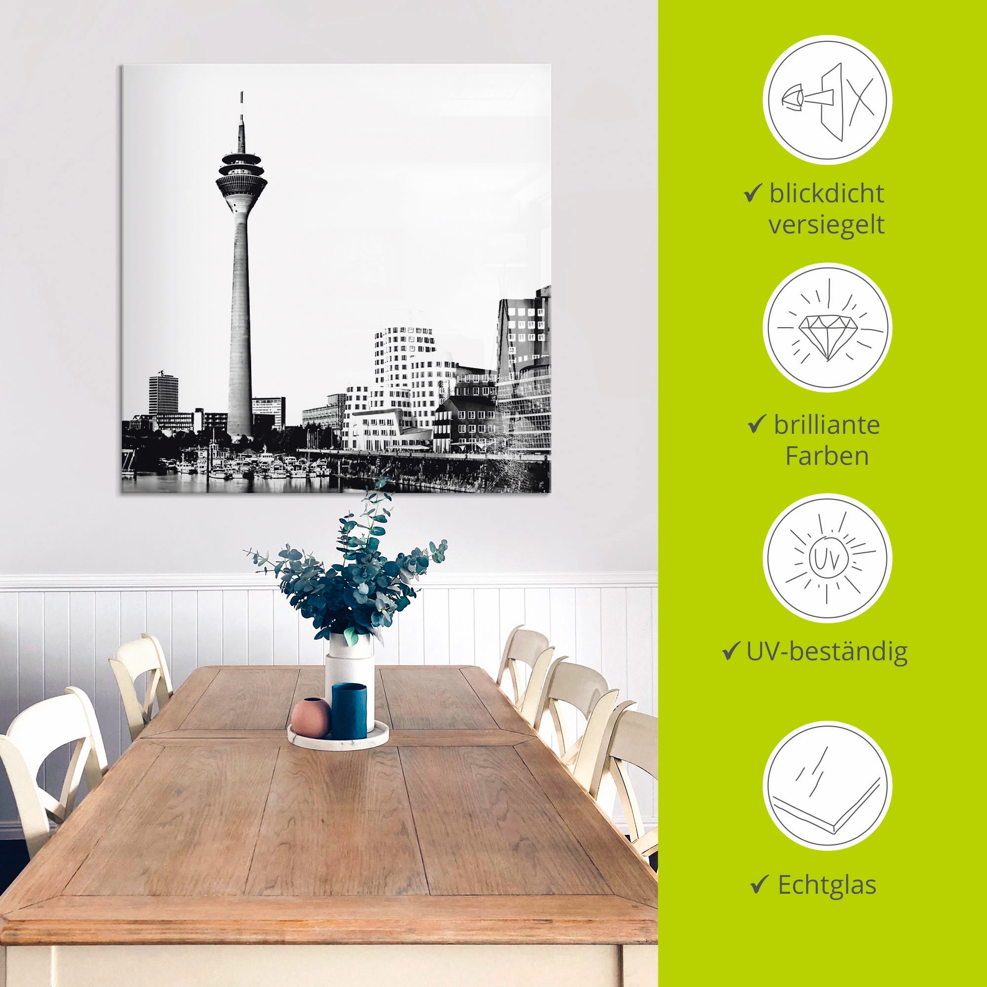 Artland Tableau en verre »Düsseldorf Collage Skyline 15« Allemagne 1 cuis tlg. disponible en différentes tailles