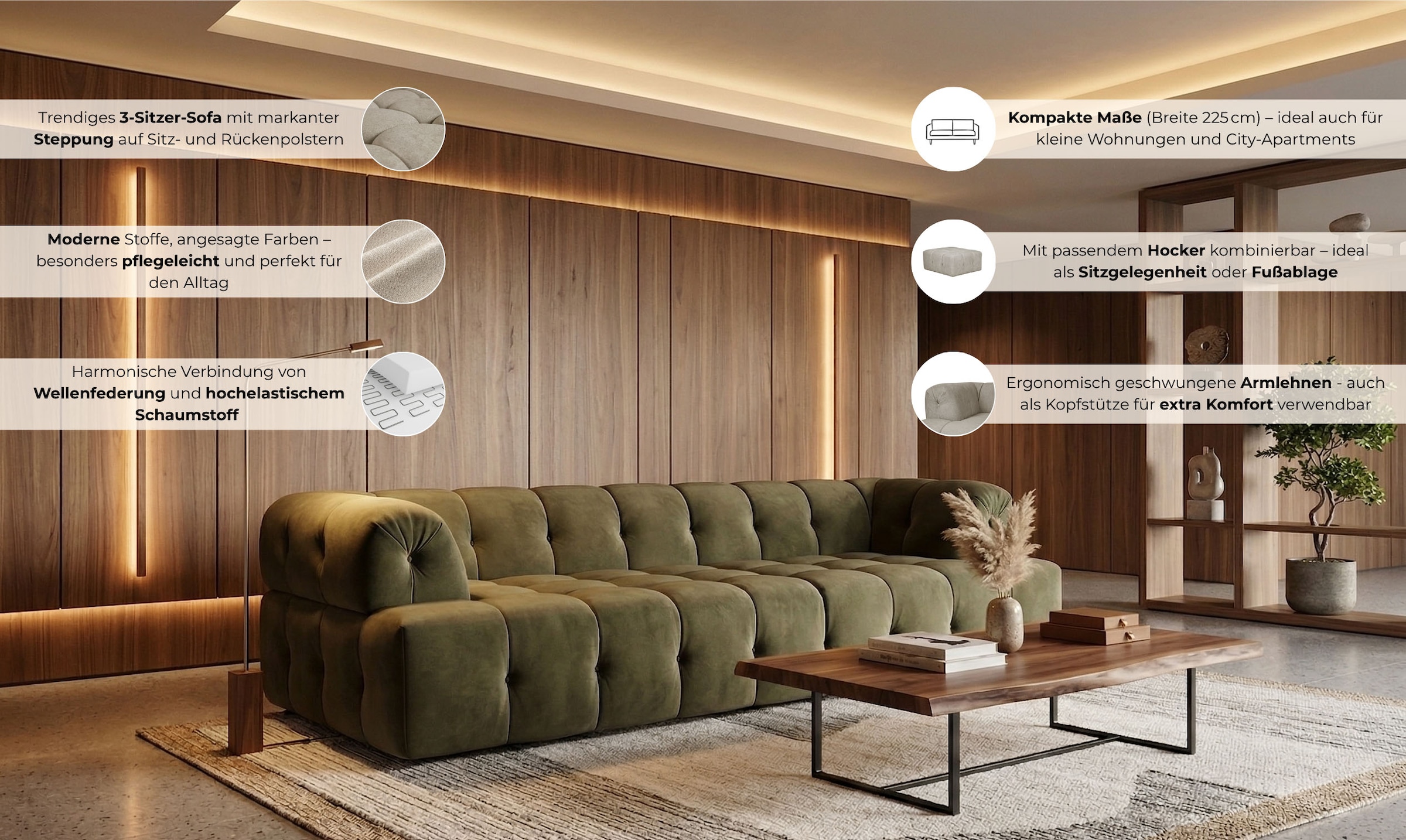 Home affaire 3-places »APERIRE Design-Sofa, moderne Steppung, Breite 225 cm« avec suspension à ressorts ondulés, confortable et moderne, sensation d'assise agréable