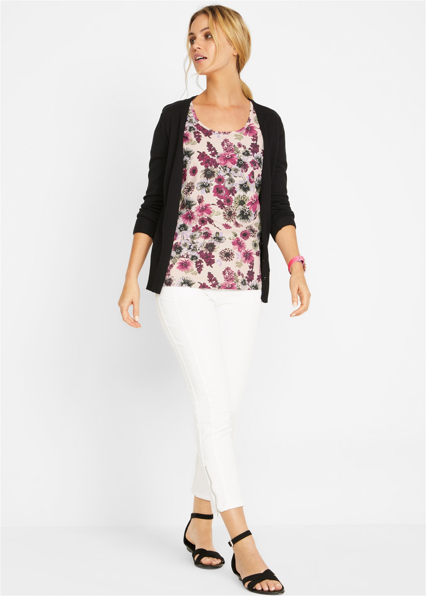 bonprix T-shirt Packung, 2 schmale Passform, Kurzarm, 1x uni und 1x bedruckt