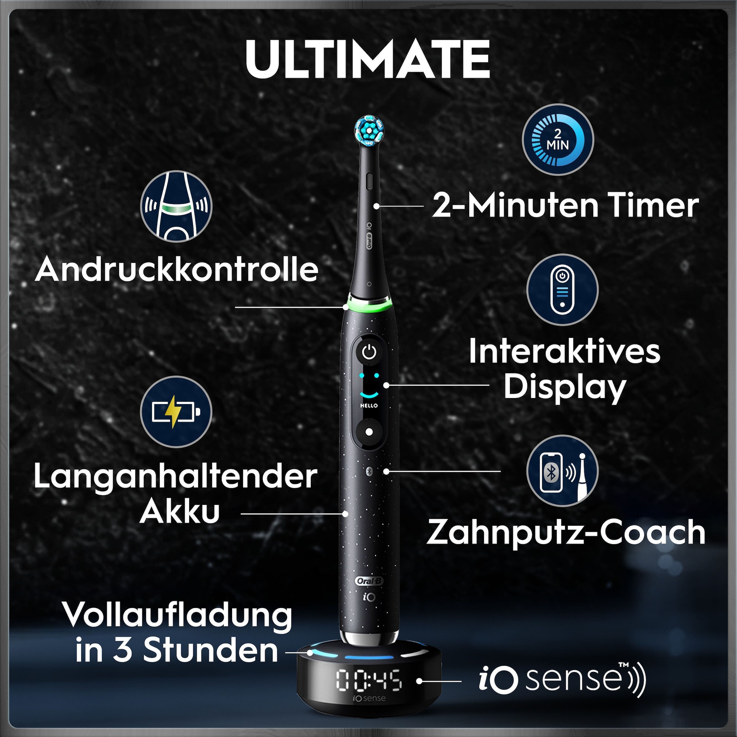 Oral-B Brosse à dents électrique »Oral-B iO Series 10« 1 cuis Aufsteckbürsten iO Sense coach de brossage | Station de charge rapide | Batterie longue durée