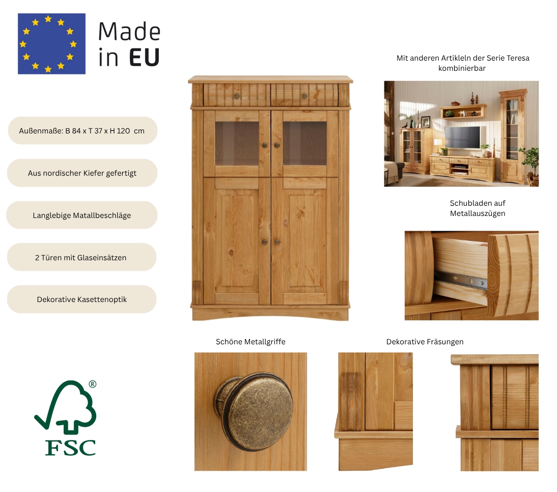 Home affaire Highboard »Teresa Mini-Vitrine mit Glastüren und 2 Schubkästen« Kommode, aus massiver Kiefer, Breite 84 cm, FSC®