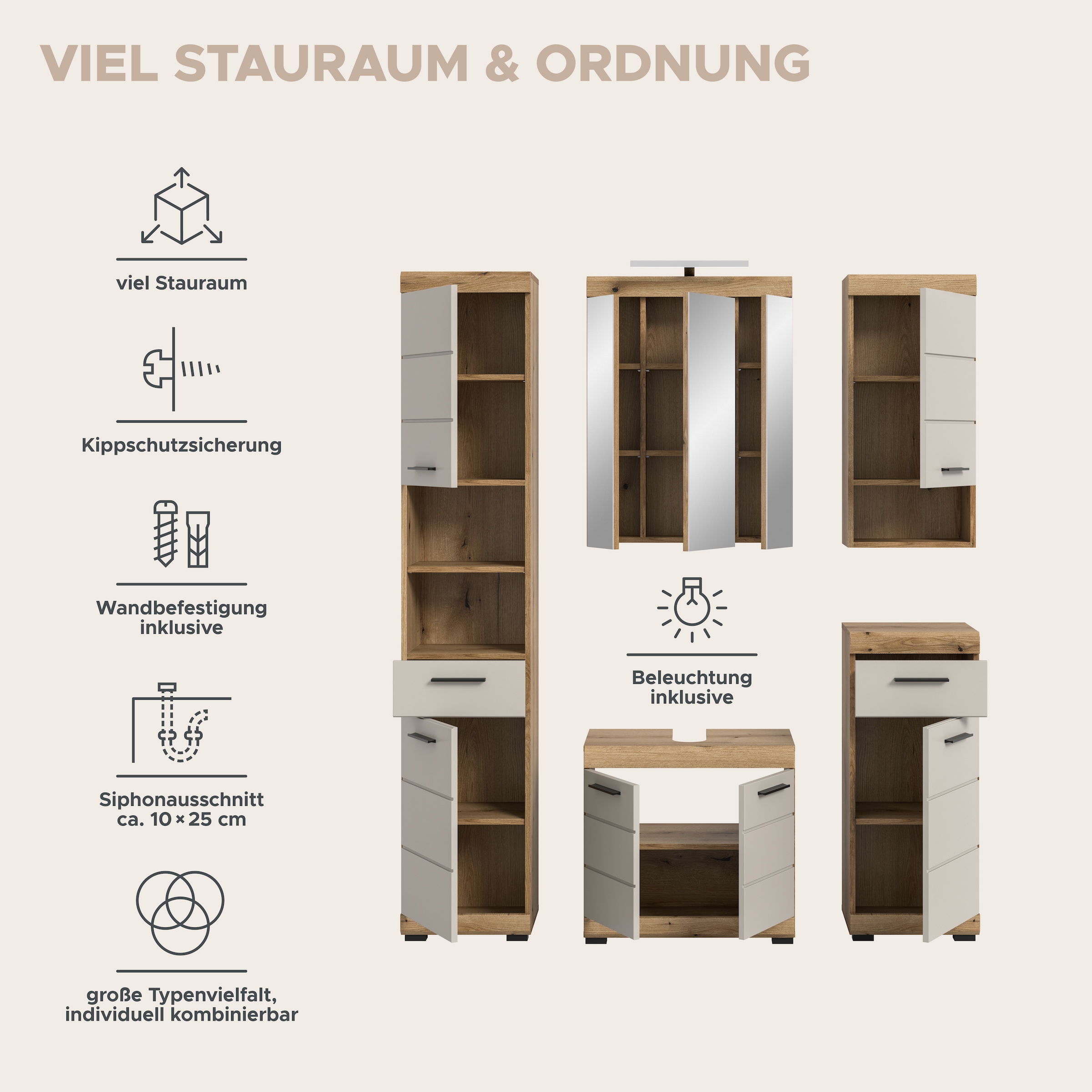 welltime Badmöbel-Set »Siena, 5 teilig, inklusive LED Beleuchtung, bestehend aus:« Set, TOPSELLER!, 5 Stk. tlg.