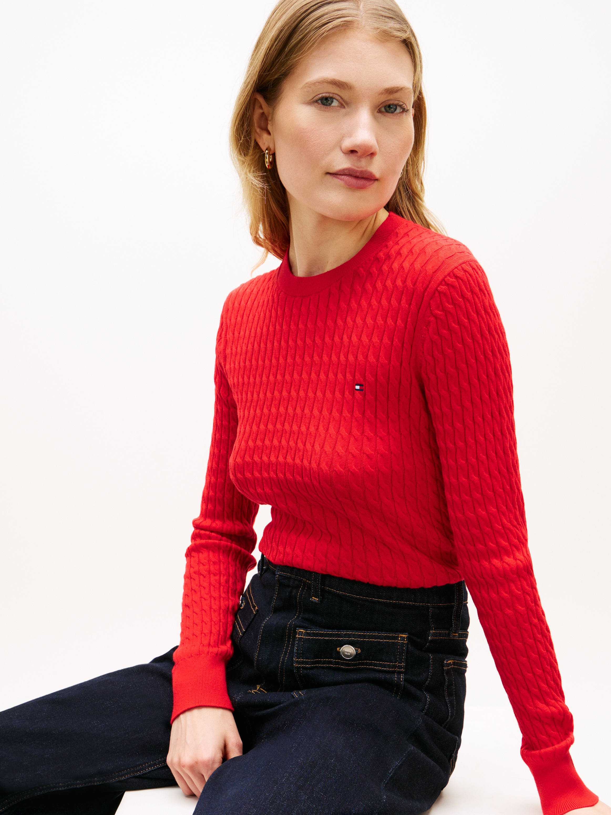 Tommy Hilfiger Pull à col rond »CO CABLE C-NK LS SWEATER« coton, avec motif torsadé, coupe régulière