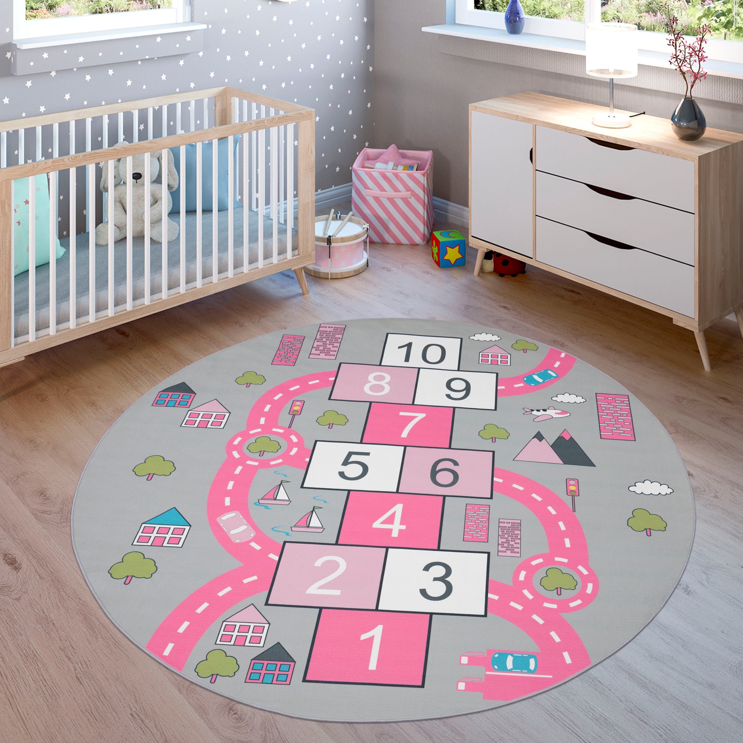 Paco Home Kinderteppich »Bino 569« rund 4 mm Höhe Kurzflor, Strassen-Spiel-Teppich & Spielmotiv Hüpfkästchen