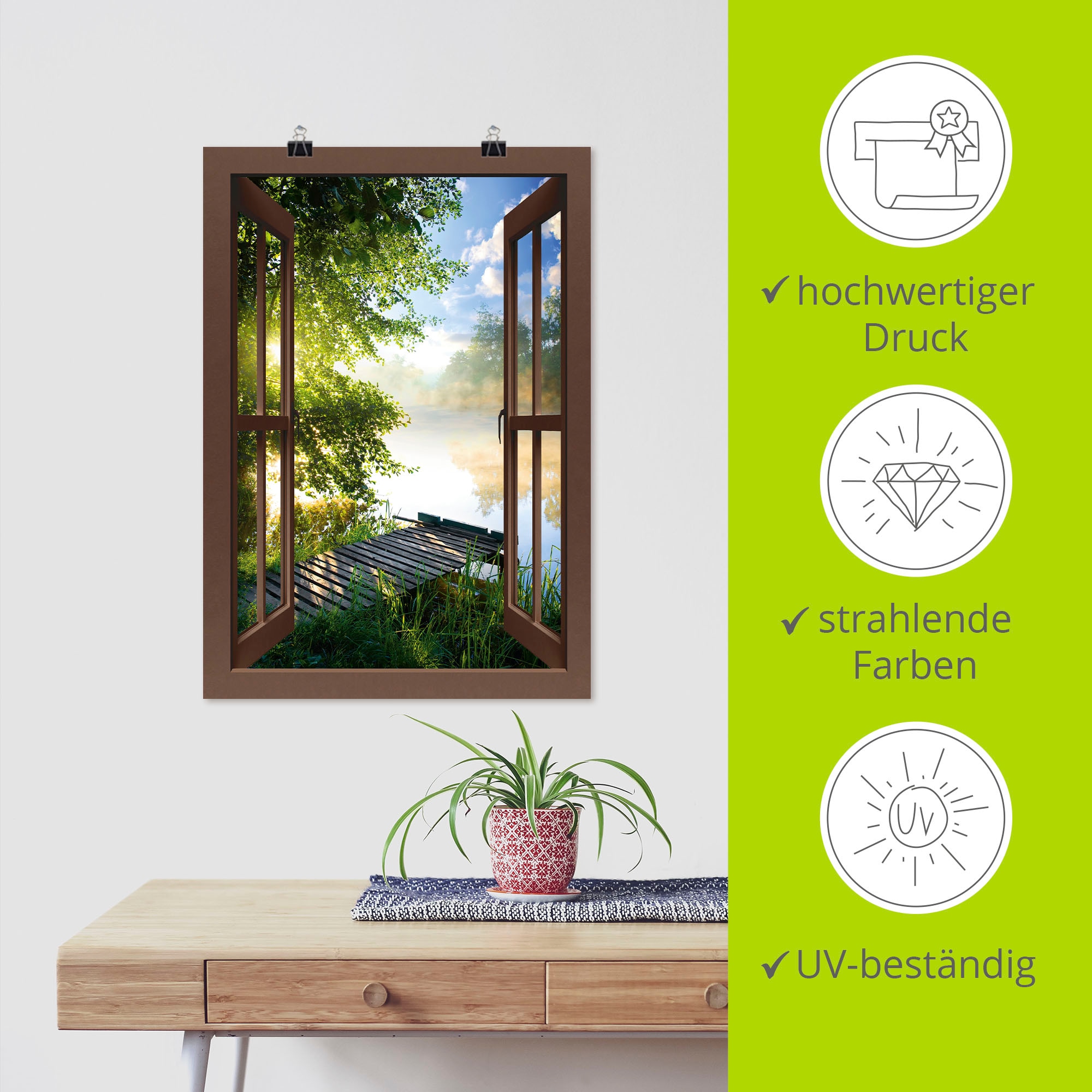 Artland Wandbild »Fensterblick Angelsteg am Fluss« Fensterblick 1 Stk. tlg. als Alubild, Leinwandbild, Poster in verschied. Grössen