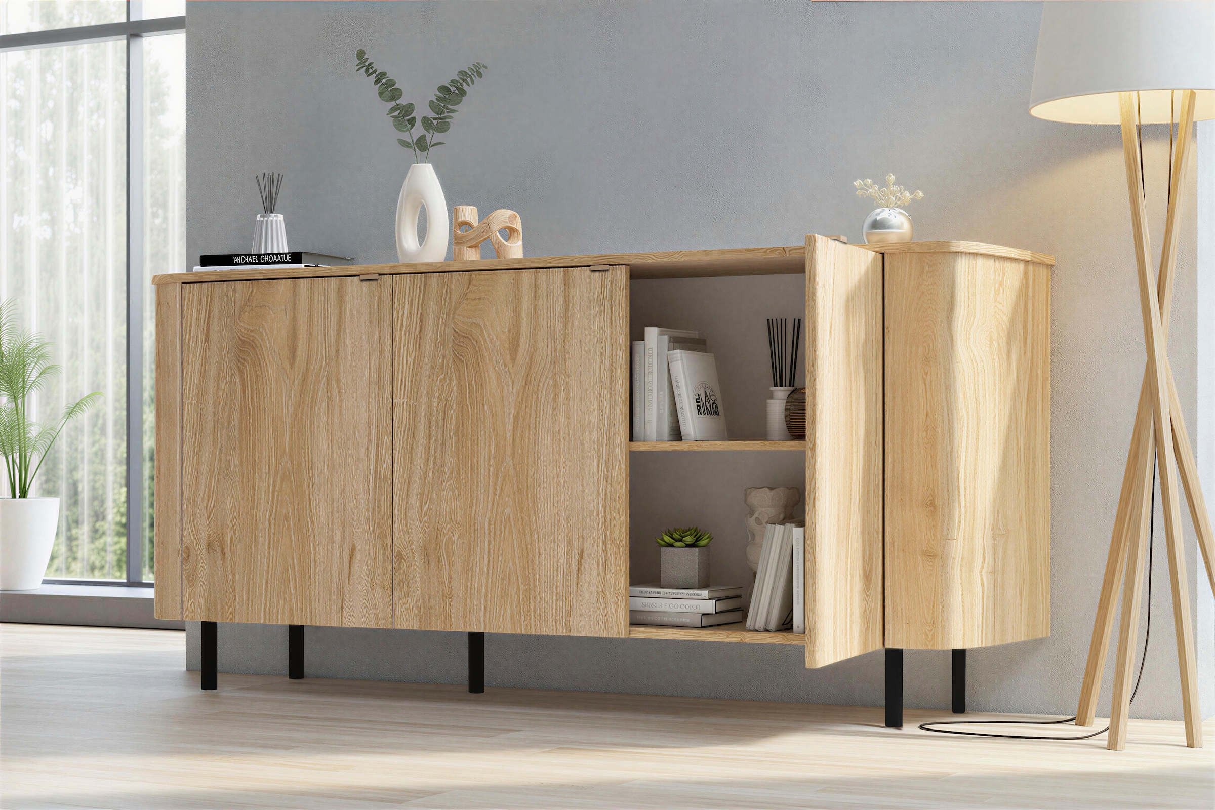 Home affaire Sideboard »Murano, 181 cm breit, 3 Türen, Anrichte, Kommode, Stauraumschrank« Formgebogenes MDF, Stirnseiten mit Rundung, Füsse und Griffe aus Metall