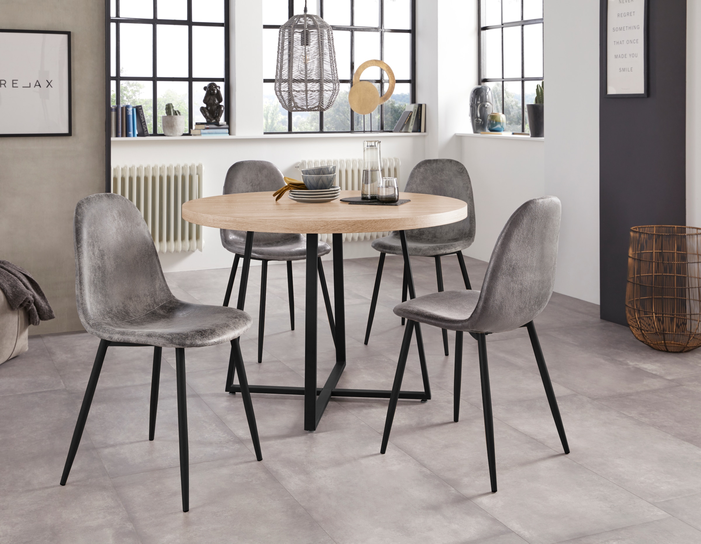 GOODproduct Esstisch »Anja« Küchentisch, Tisch, Runder Tisch,  Kreuzfussgestell aus Metall, Naturholz Optik Tischplatte