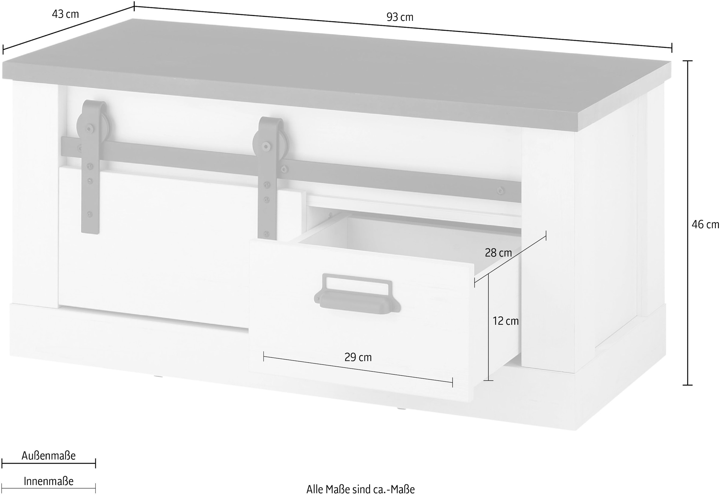 Home affaire Sitzbank »SHERWOOD« modernes Holz Dekor, mit Scheunentorbeschlag aus Metall, Breite 93 cm