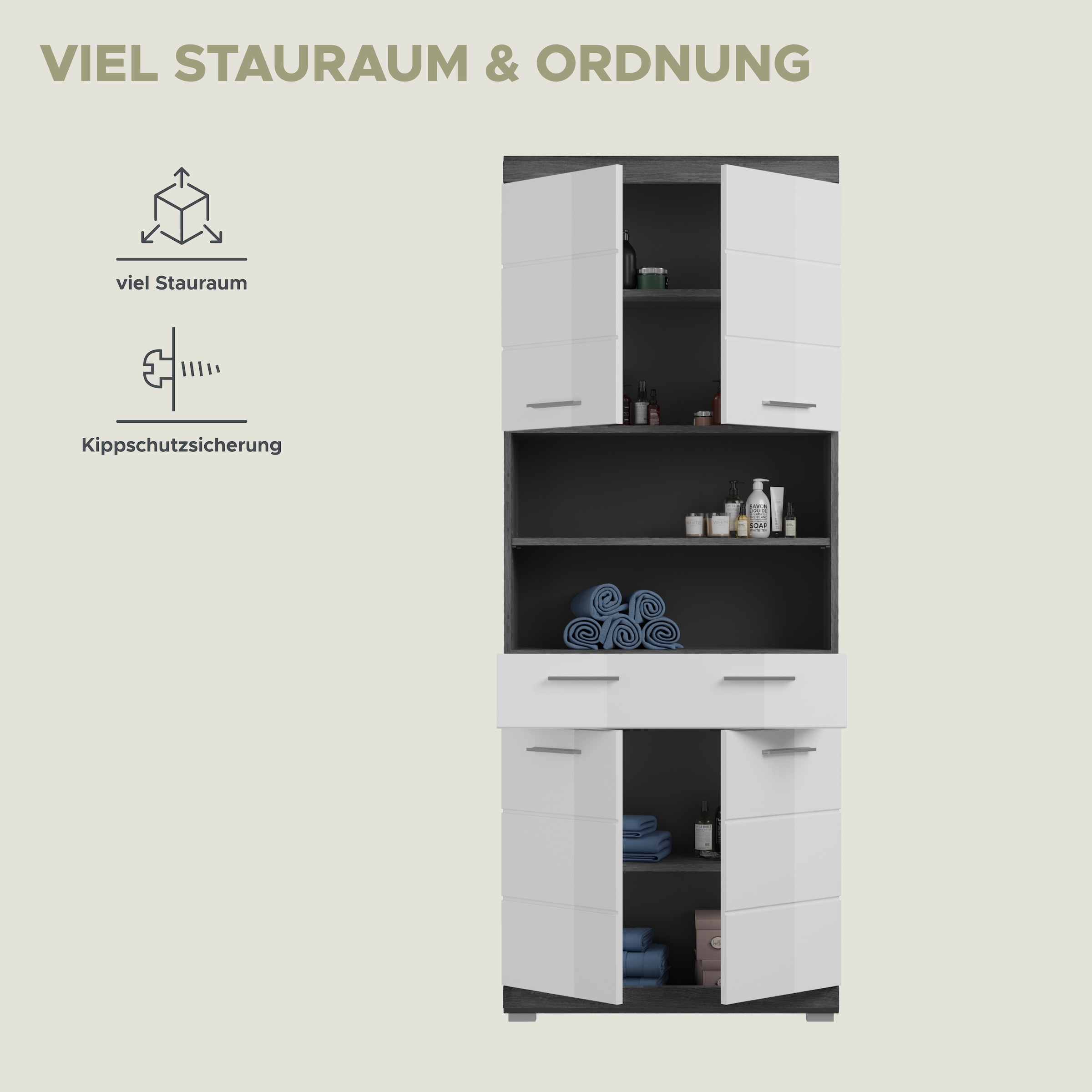 welltime Armoire haute »SIENA, Breite 74cm, 4 Türen, 1 Schubkasten, 2 offene Fächer, MDF-Front« TOPSELLER!,  in verschiedenen Farben erhältlich, Badmöbel, Badschrank, Schrank, Bad