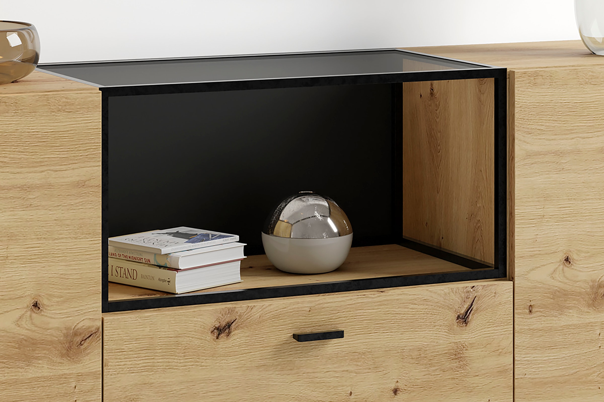 byLIVING Sideboard »Frame« 1 cuis tlg. moderne Kommode mit Metalleinsatz und Glasplatte, 200cm breit.
