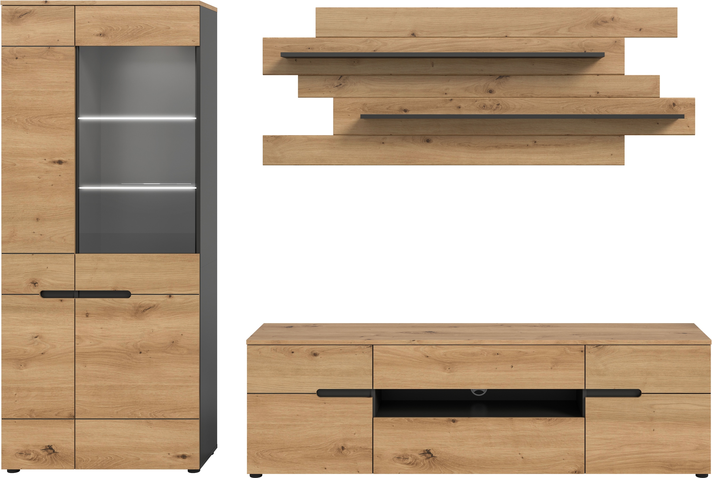 INOSIGN Meuble mural »REHAT, TOPSELLER!, 3-teilig, Breite 280 cm, inklusive Beleuchtung« Set inkl. Beleuchtung, bestehend aus: Vitrine, Lowboard und Wandboard, 5 cuis tlg.