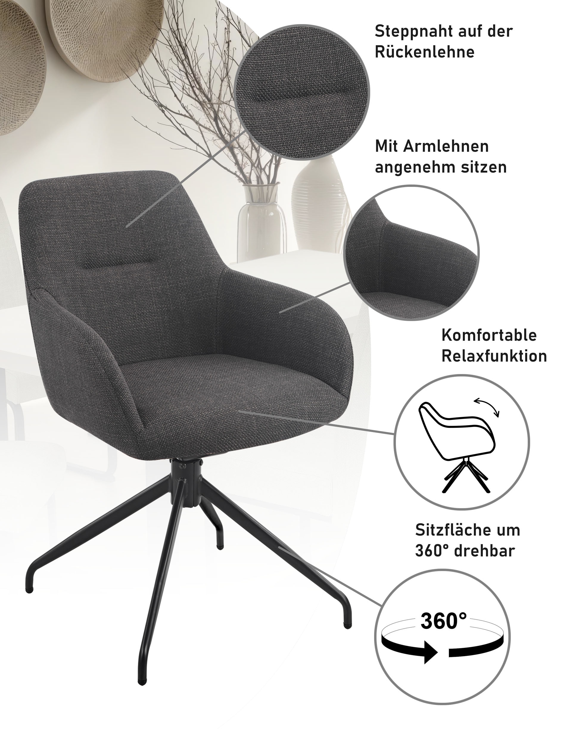 HELA Chaise avec accoudoirs »TRIEST« (Set) 1 cuisSessel, 360° drehbar, Gestell abgeknickt, Relaxfunktion, Armlehnen