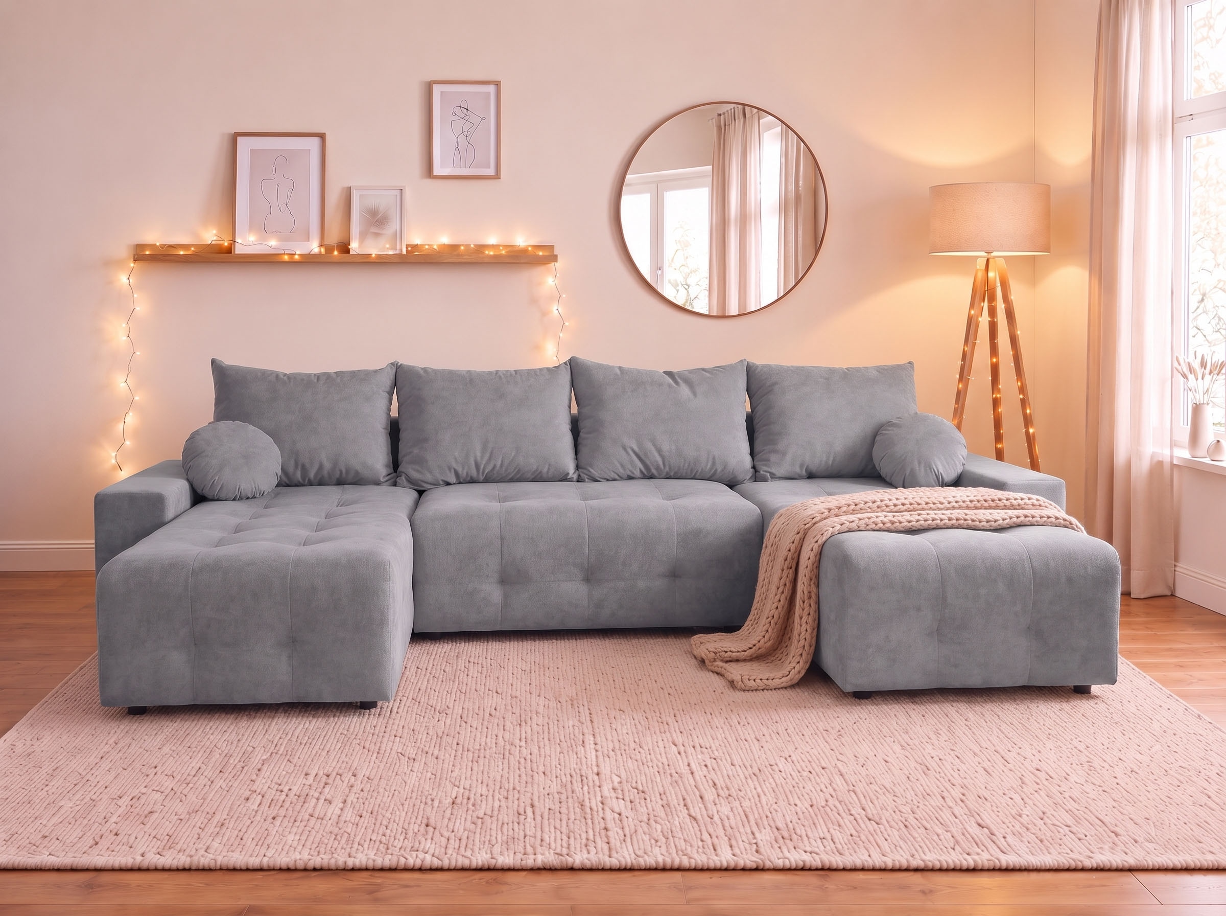 GOODproduct Wohnlandschaft »Jessy U-Form, B: 313 cm, in Cord & weiteren Bezügen« Schlaffunktion, Bettkasten, Tonnentaschenfederkern-Polsterung