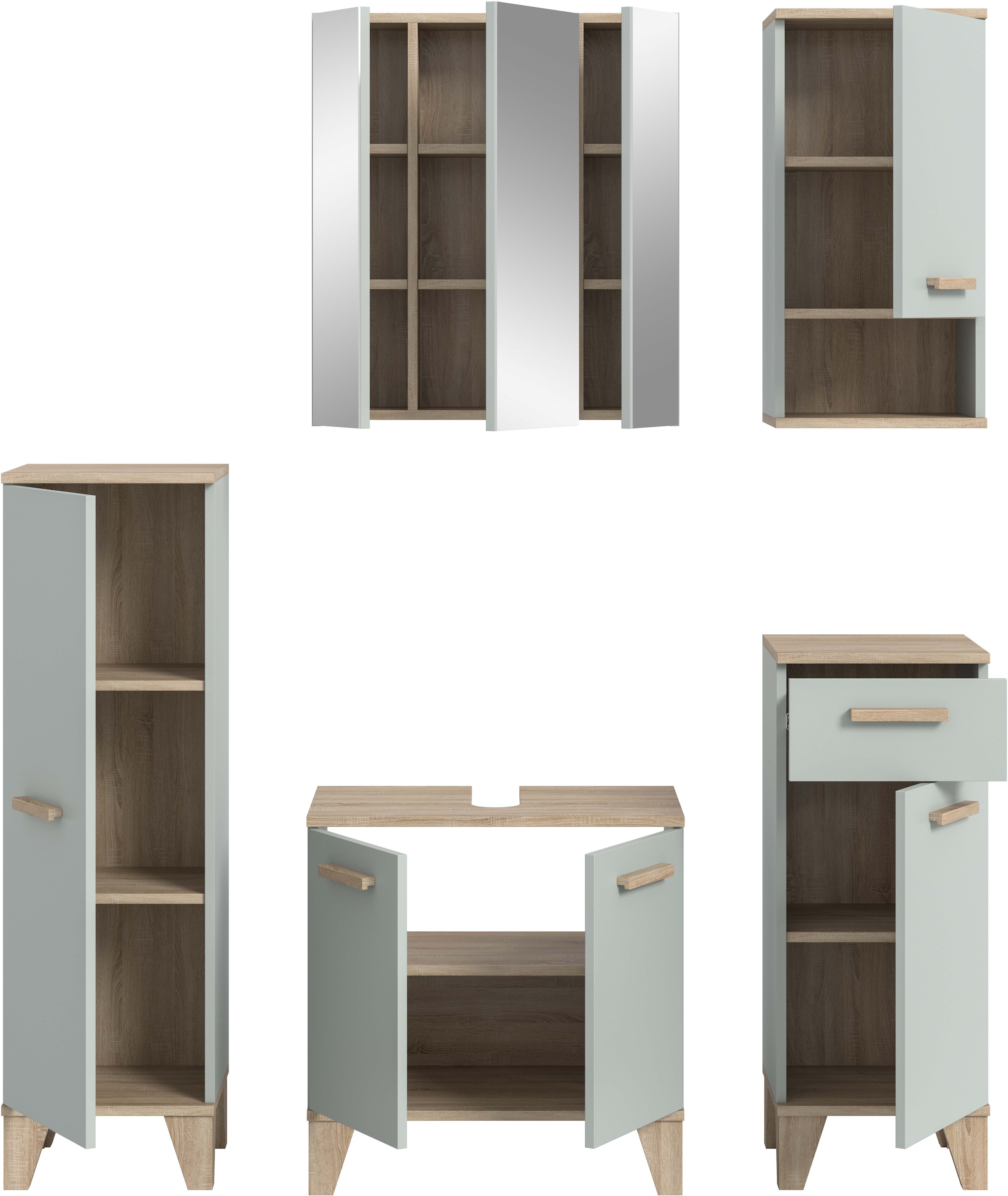 welltime Ensemble de meubles de salle de bain »MINTTU, 5-teilige moderne Badkombination im SCANDI-Look« bestehend aus: 2x Midischrank, WBU, Spiegelschrank, Hängeschrank, 5 cuis tlg.