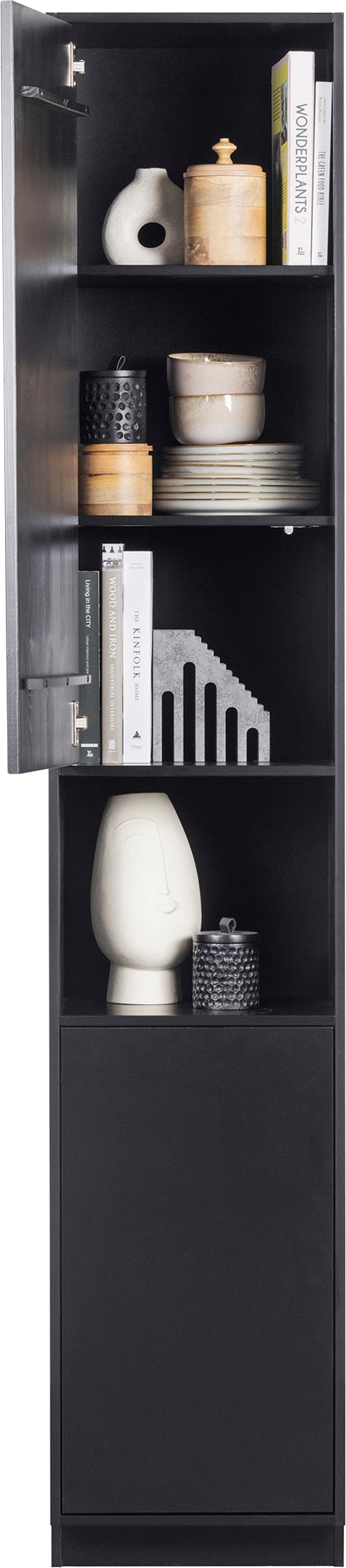 WOOOD Vitrine »Finca FSC®-Kiefernholz mit Druckmechanismus, H 210 x B 40 x T 40 cm« Tragkraft 10 kg pro Boden, schwebende Optik, sichtbare maserung
