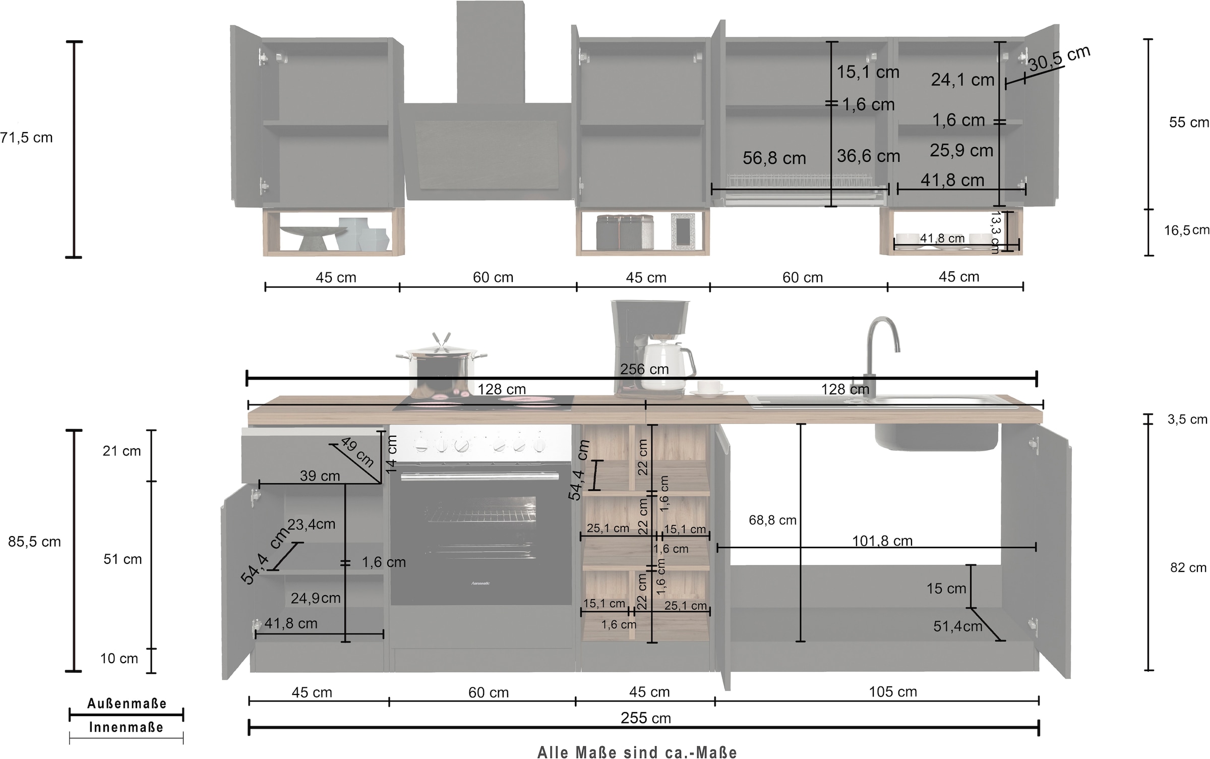 KOCHSTATION Kitchenette »KS-Sole« Breite 256 cm, mit Regalen und Fächern, ohne E-Geräte