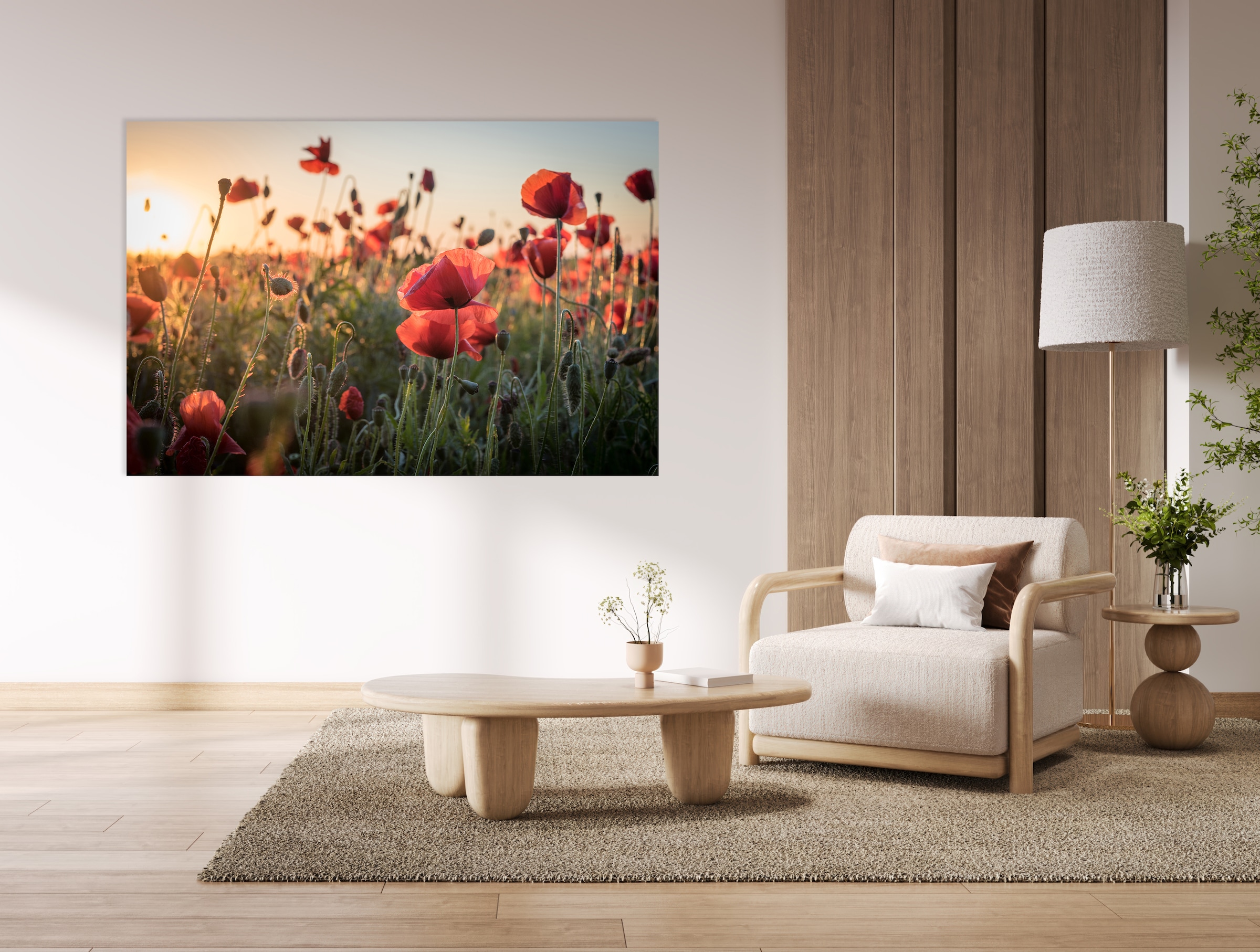 queence Tableau en verre acrylique »Mohnblumenfeld mit Sonnenaufgang, Mohnblume« 1 cuis tlg. avec effet de profondeur 3D flottant, grâce à la fixation sans cadre