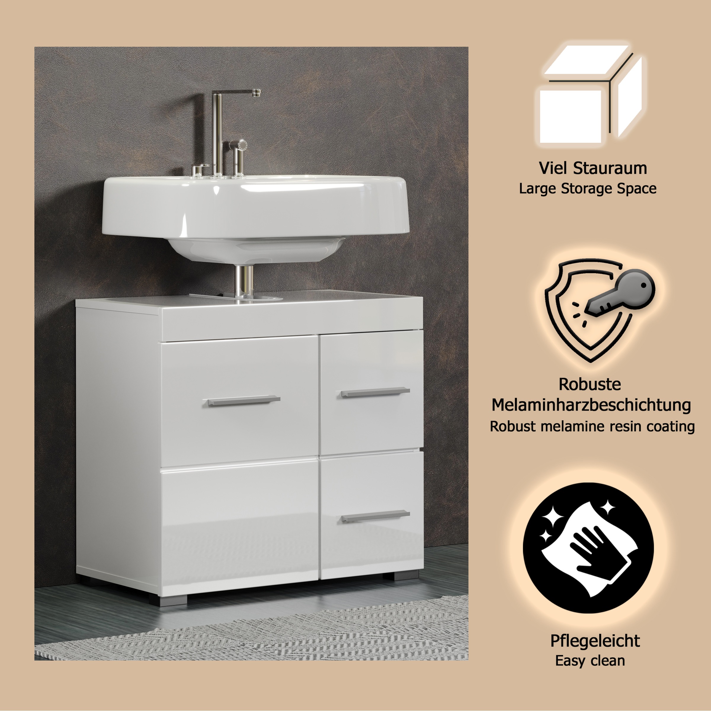 welltime Armoire sous lavabo »Avena« 1 cuis tlg. Badezimmerschrank mit Tür & Schubkästen – (B/T/H) 60/34/56 cm