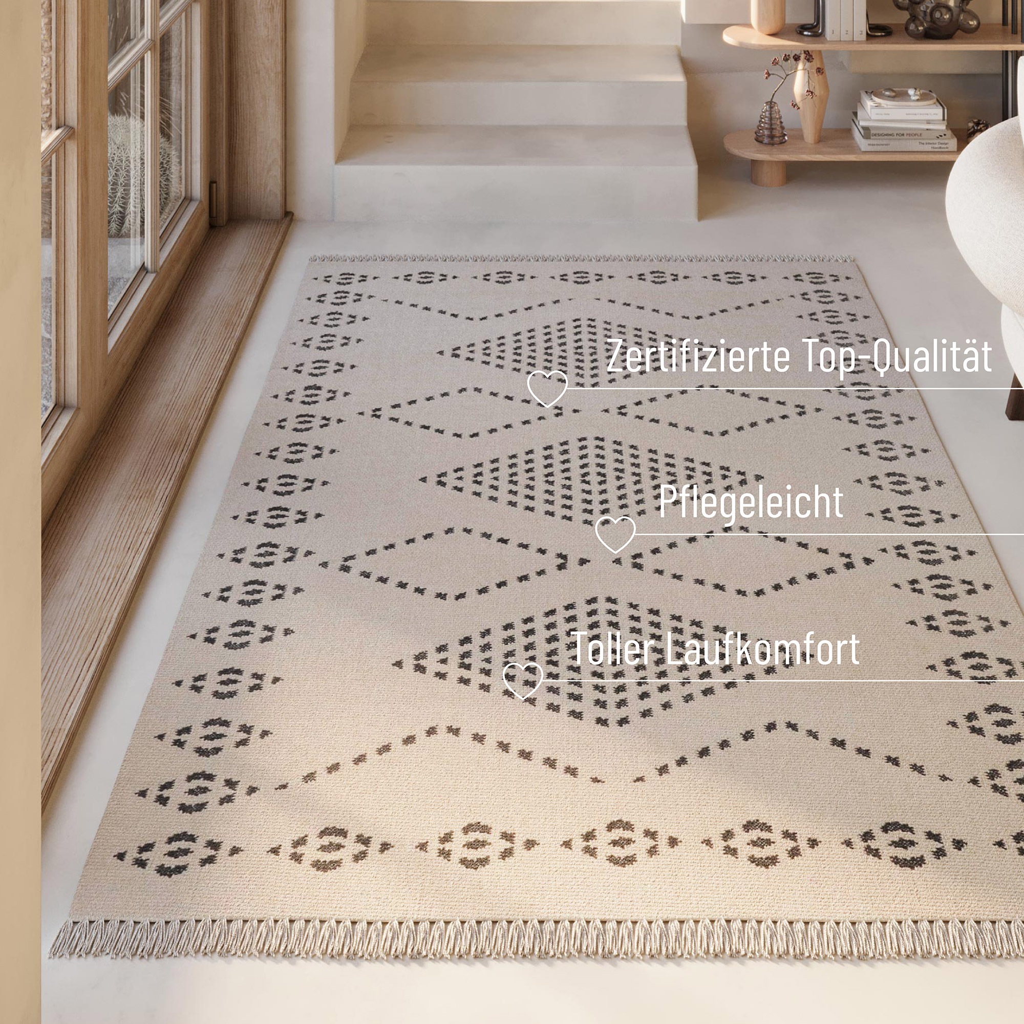 Green Looop Tapis en laine »Belmont« Rectangulaire 5 mm Höhe Fransen, Kelim, handgewebt, Natur, Wohnzimmer, Schlafzimmer, Raute