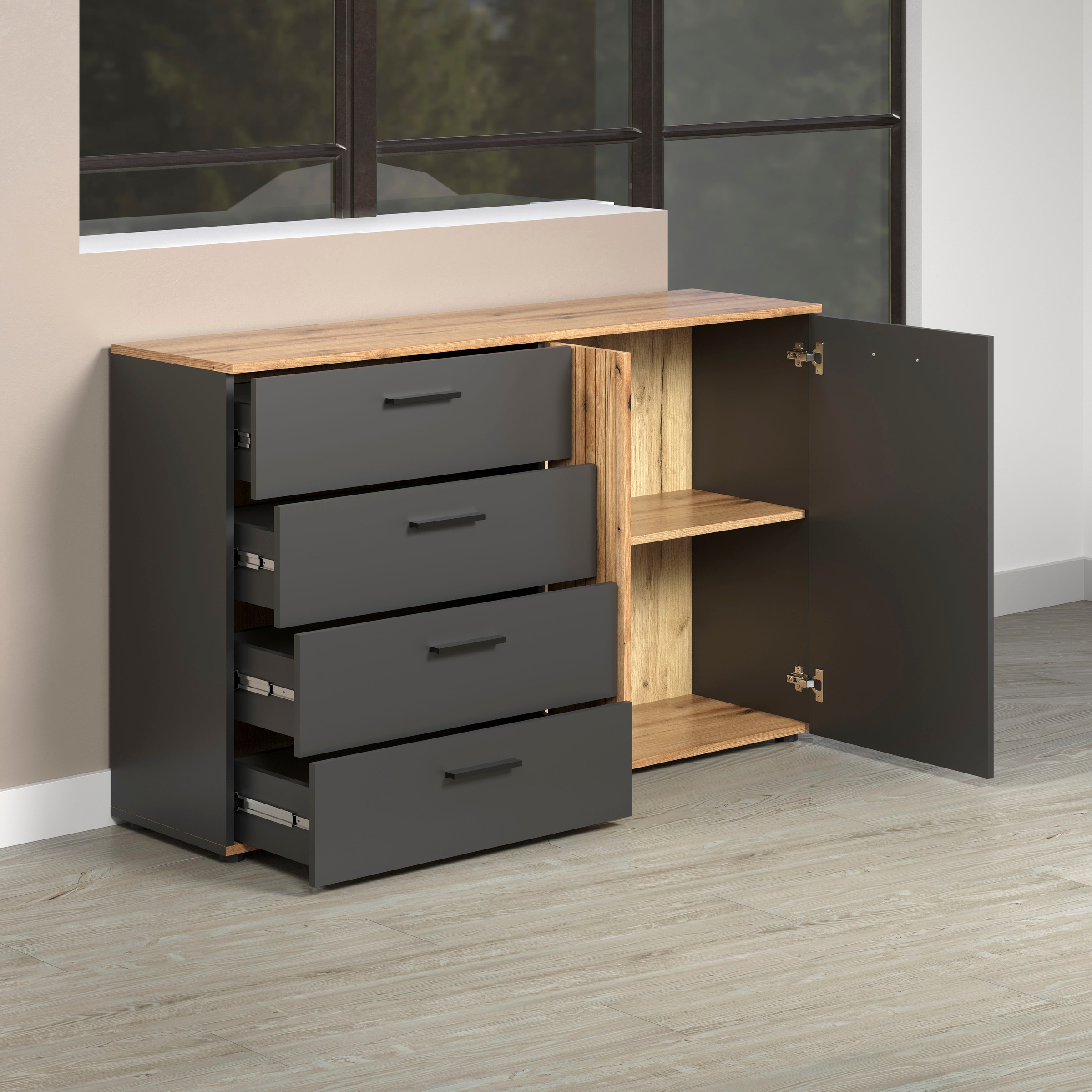 Home affaire Commode »Estepona« 1 cuis tlg. armoire à tiroirs à effet rainuré avec fonction de sortie totale