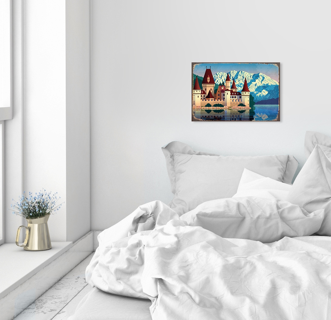 queence Tableau métallique »SCHLOSS« Stahlschild, Blechschild, Schloss, Burg, See