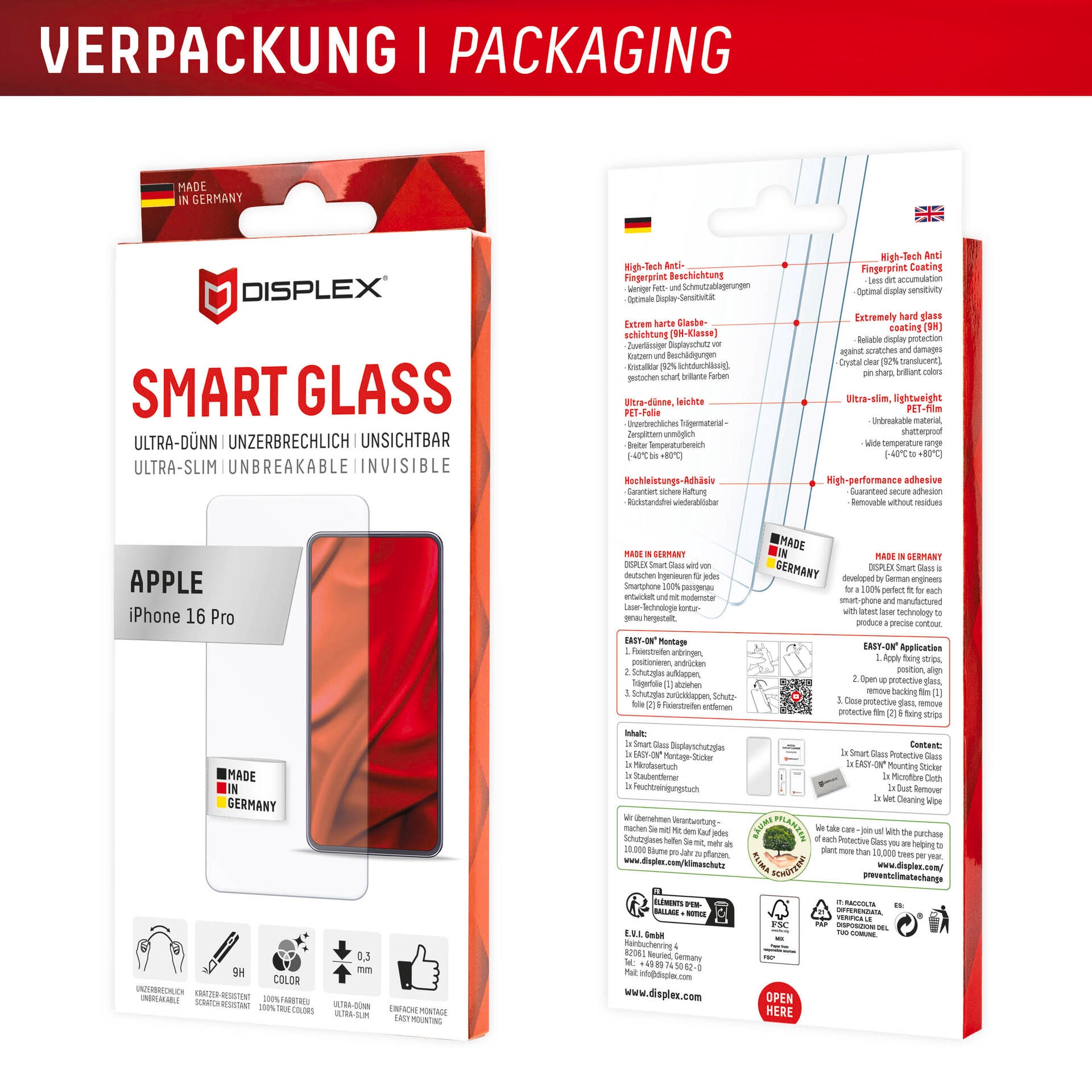 Displex Displayschutzglas »Smart Glass Screen Protection« für Apple iPhone 16 Pro Displayschutzfolie, Schutzfolie, Bildschirmschutz, kratz- & stossfest