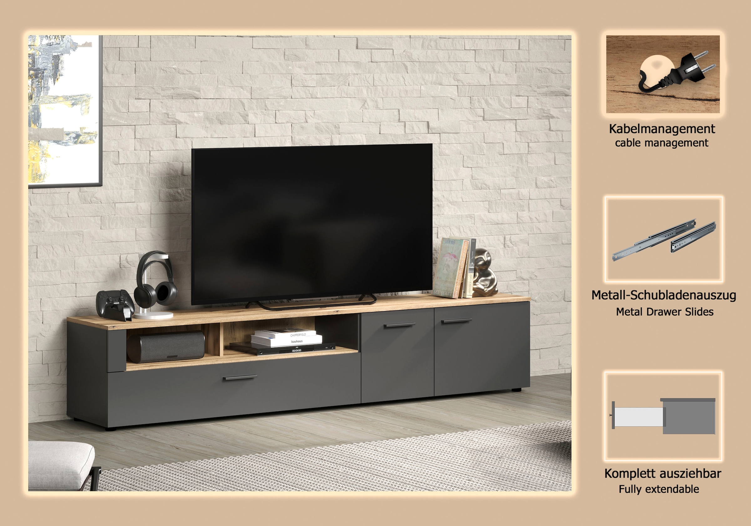 Home affaire Table basse »Estepona TV-Kommode« 1 cuis tlg. TV-Board, Breite 210 cm, Elegant und modern