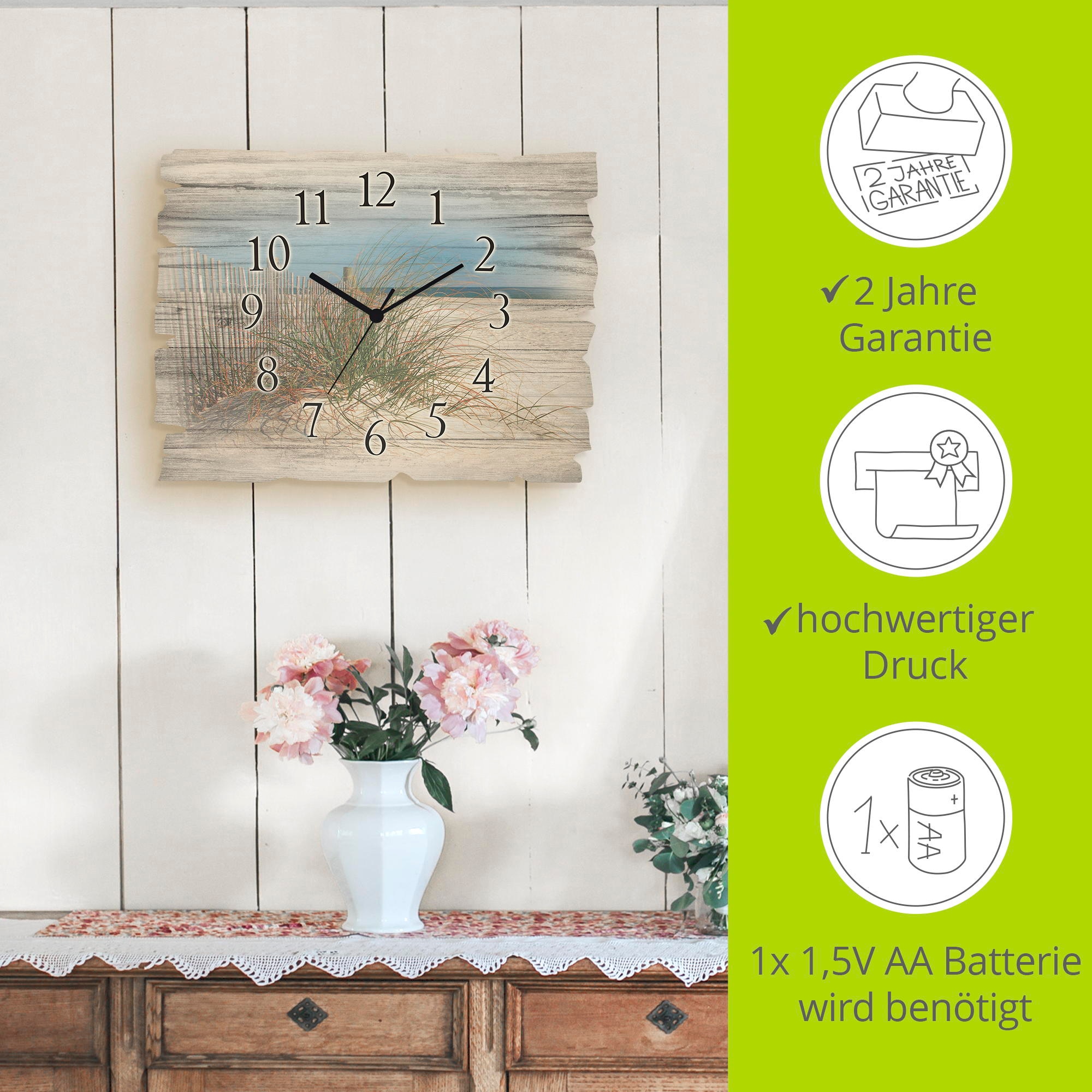 Artland Horloge murale »Schöne Sanddüne mit Gräsern und Zaun« wahlweise mit  Quarz- oder Funkuhrwerk, lautlos ohne Tickgeräusche